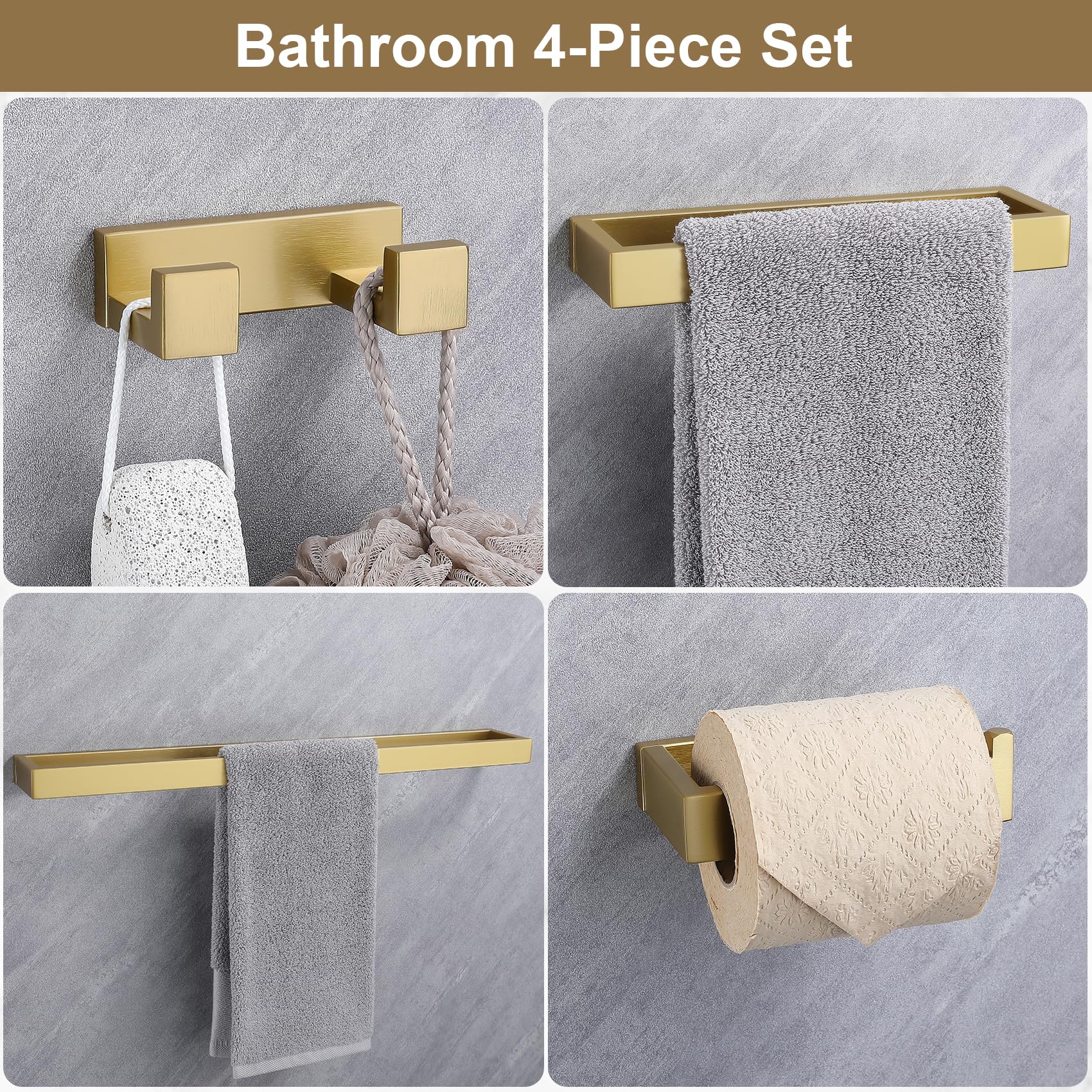 Lairuier Bathroom Hardware Accessories Set, Brushed Gold 4-Piece Bathroom Hardware Set Including Towel Bar,Towel Holder, Toilet