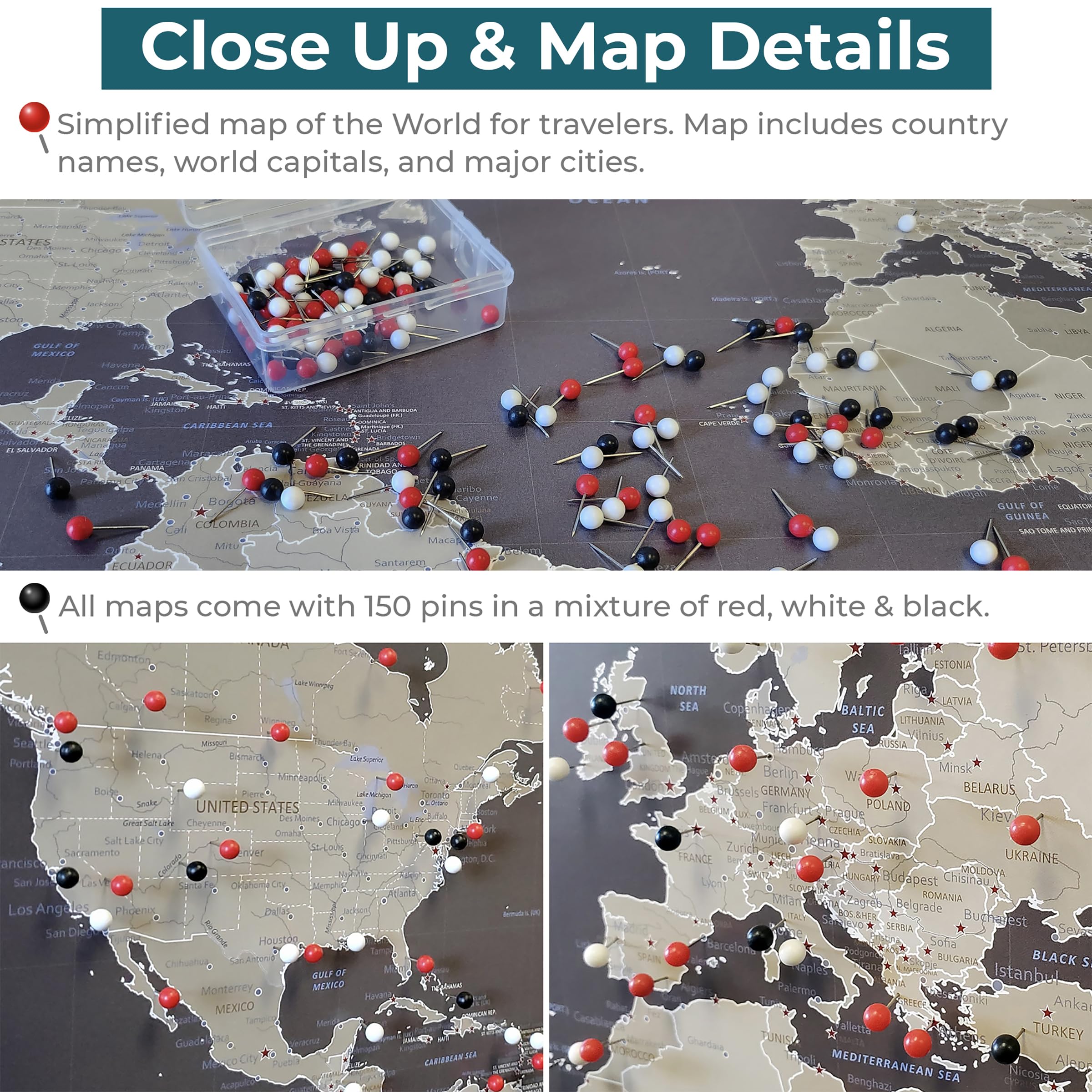 Personalized Earth Toned World Push Pin Travel Map With Textured White Frame And Pins - 27.5 Inches X 39.5 Inches