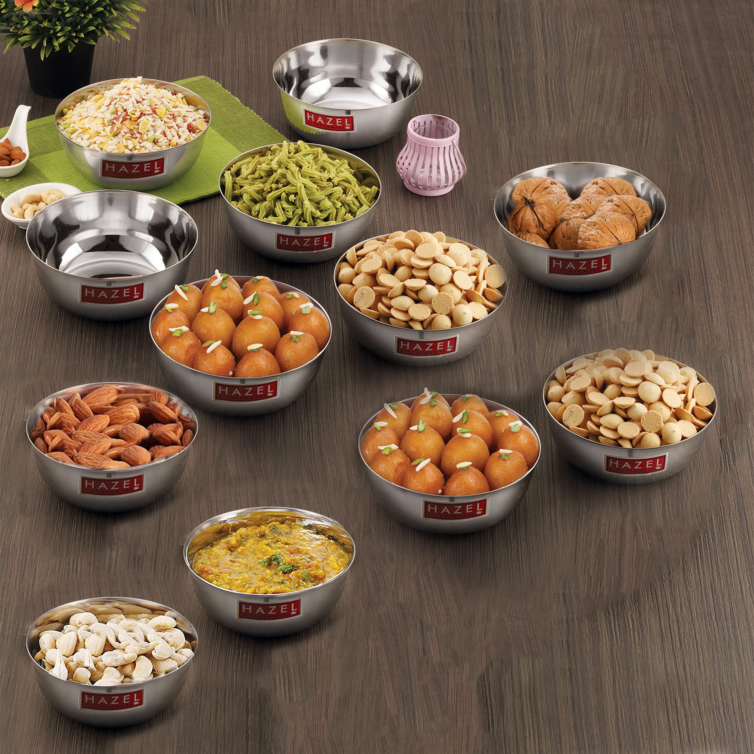 Hazel Steel Bowl Set Of 12 |Stainless Steel Serving Bowl Set | Bowls For Soup, Salad, Ramen, Cereal | Vati Set Of 12