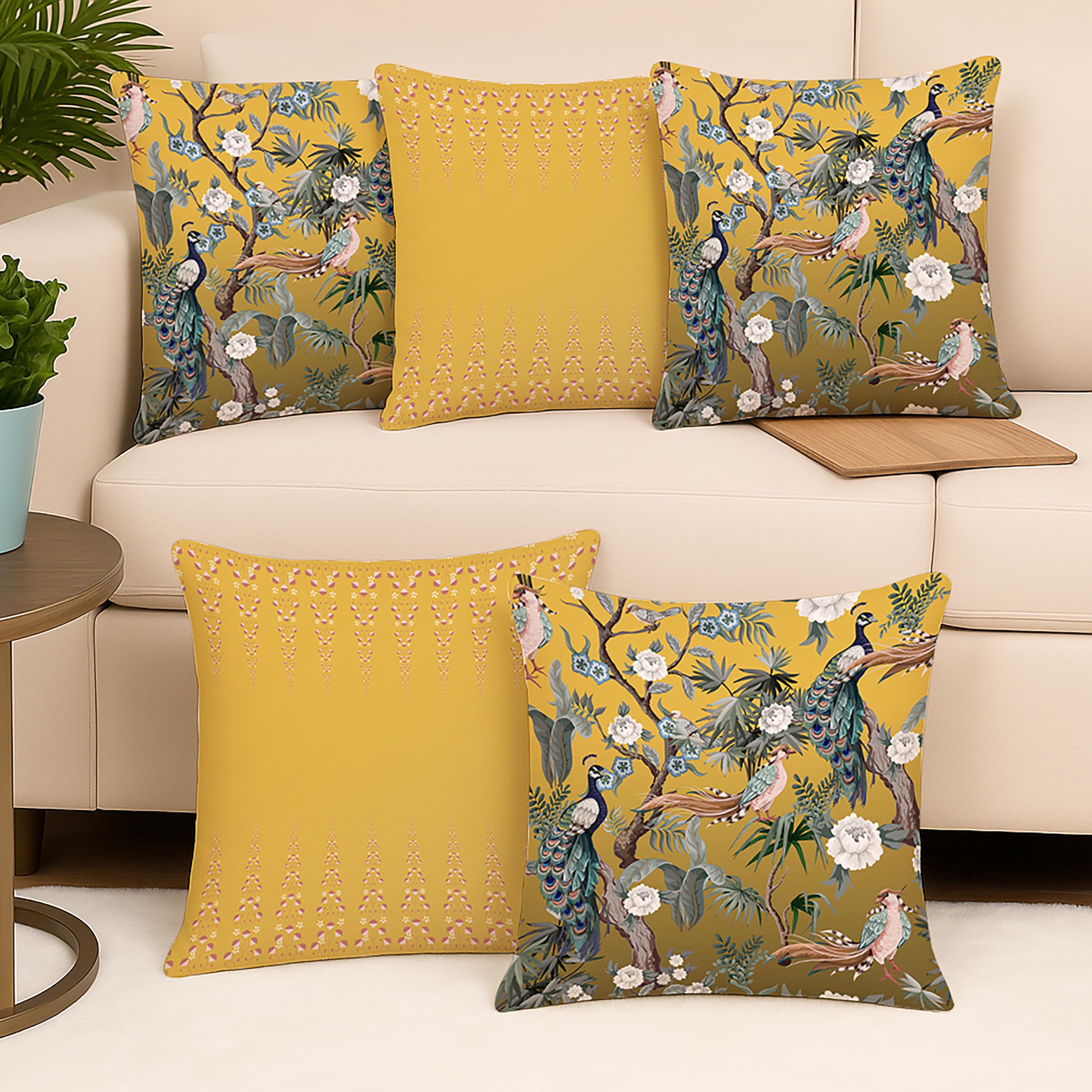 Amazon Brand - Umi Mustard Yellow Peacock Printed Polycotton Cushion Covers | Decorative Square Throw Pillow Cases For Sofa, Liv