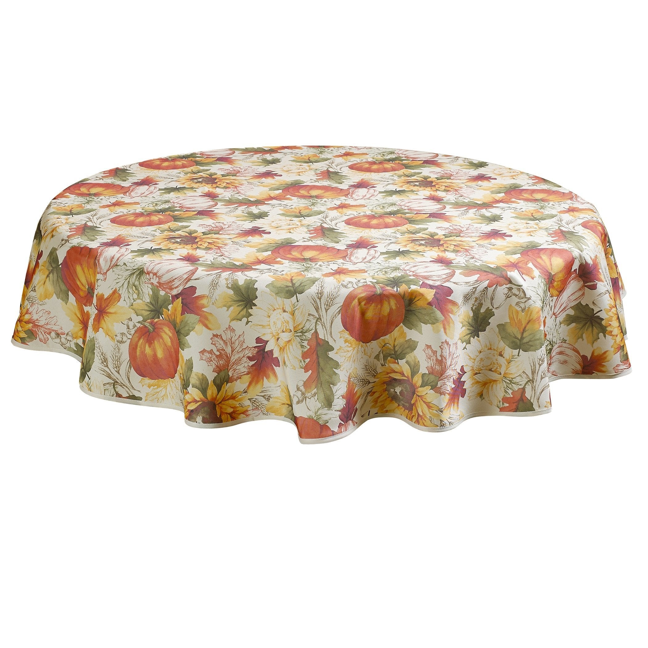 Violet Linen European Fall Harvest Pumpkins and Autumn Leaves Printed Tablecloth - 60 Round