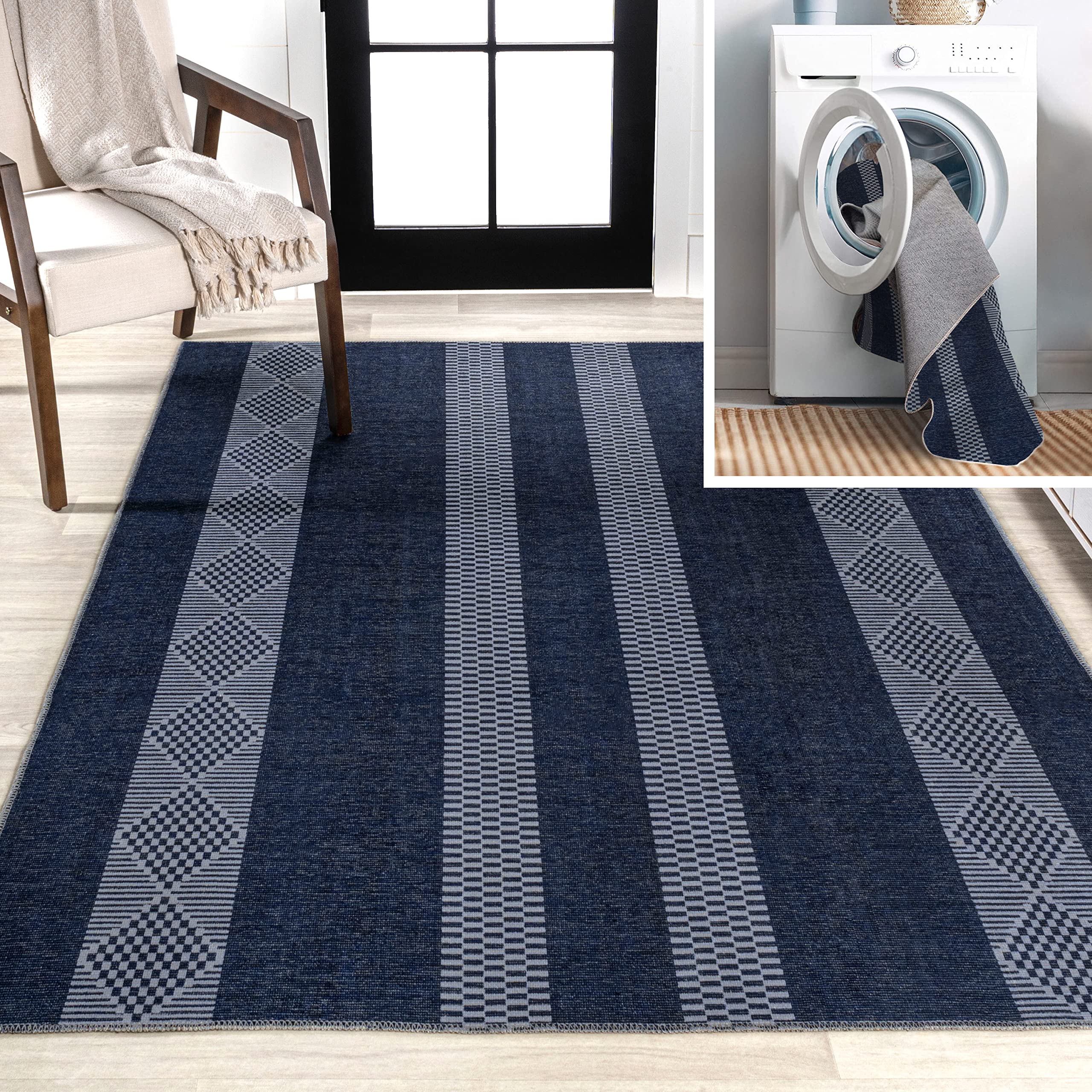 JONATHAN Y WSH120A-9 Nautisk Trellis Stripe Machine-Washable Indoor Area -Rug, Coastal Modern Contemporary Easy -Cleaning,Bedroo