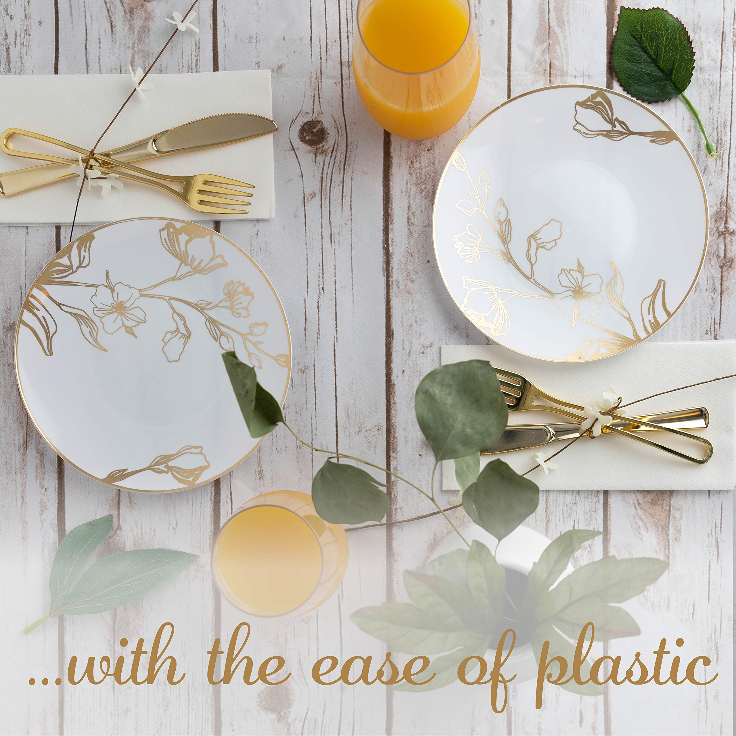 Plasticpro White Plastic Floral Design Party Plates With Gold Rim Premium Heavyweight Elegant Disposable Tableware Dishes (120,