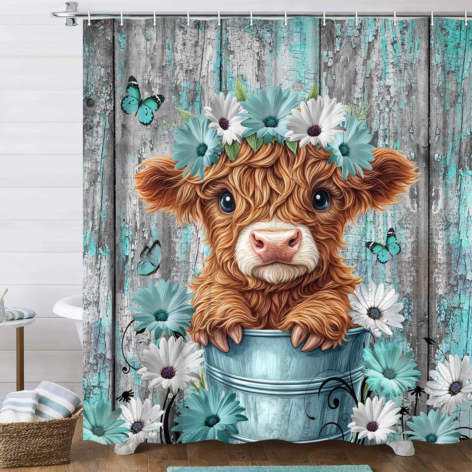 Rustic Wood Farmhouse Floral Shower Curtain For Bathroom, Western Funny Highland Cow Bull Floral Butterfly Country Flower Plant 