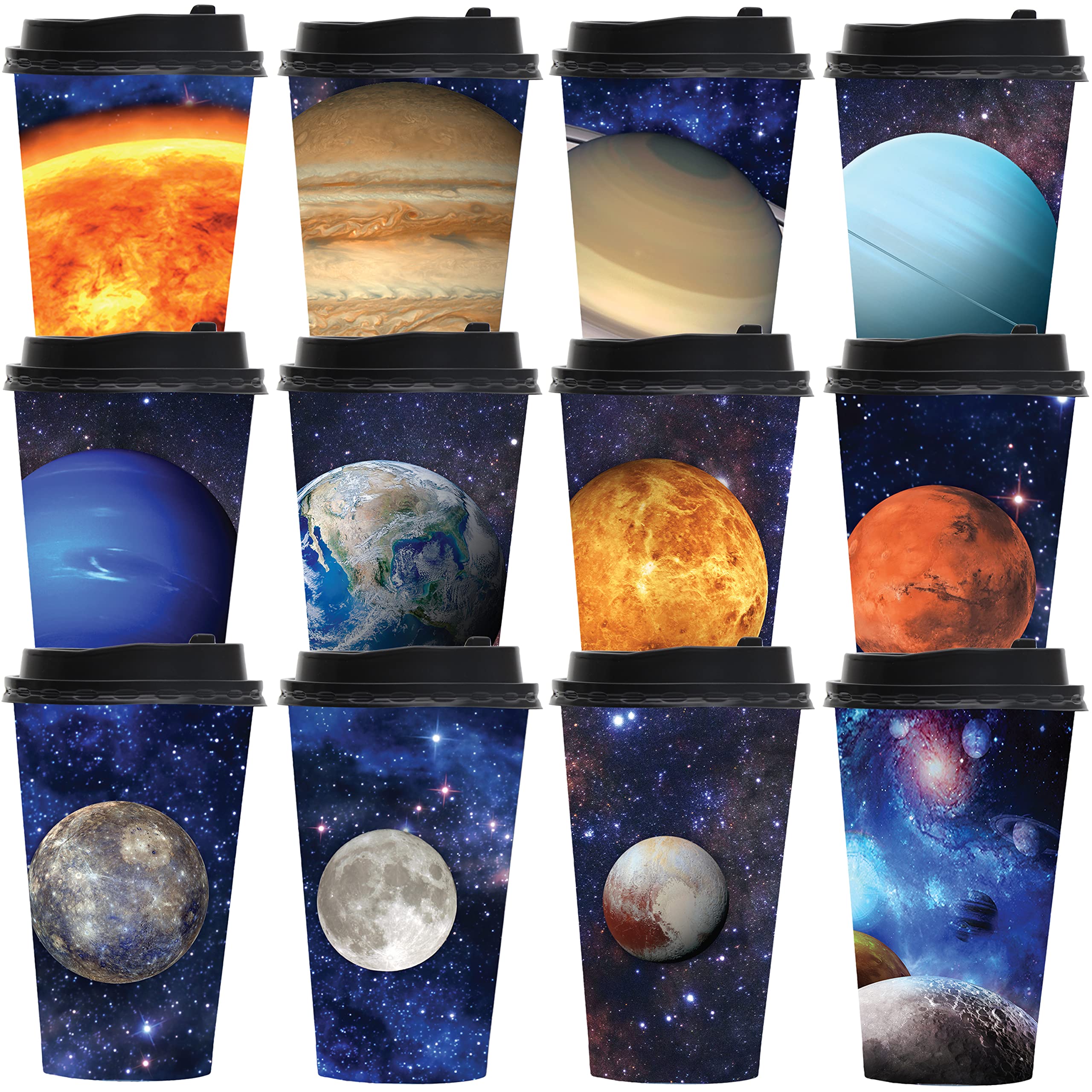 Youngever 72 Sets Disposable Coffee Cups With Lids, To Go Hot Coffee Cups, Durable Paper Cups With Lids (Planet Theme Design)