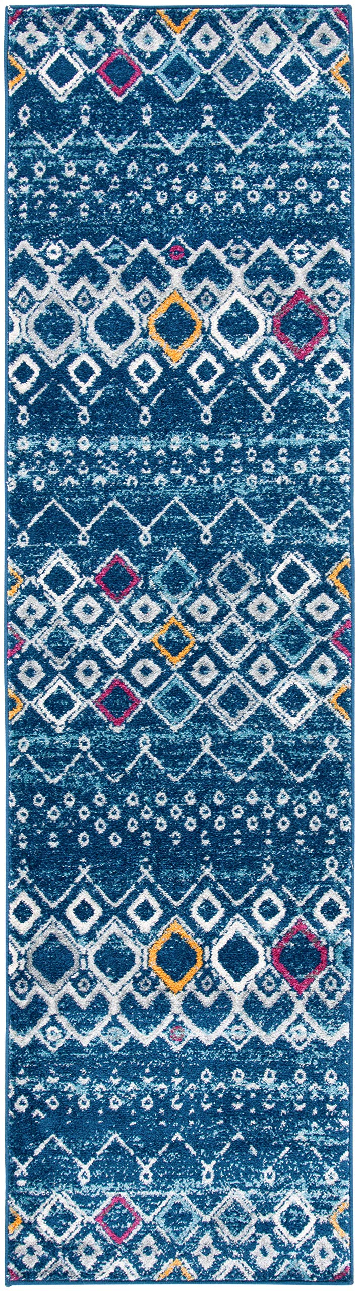 SAFAVIEH Amsterdam Collection Runner Rug - 23 x 10, Navy & Turquoise, Moroccan Boho Design, Non-Shedding & Easy Care, Ideal fo