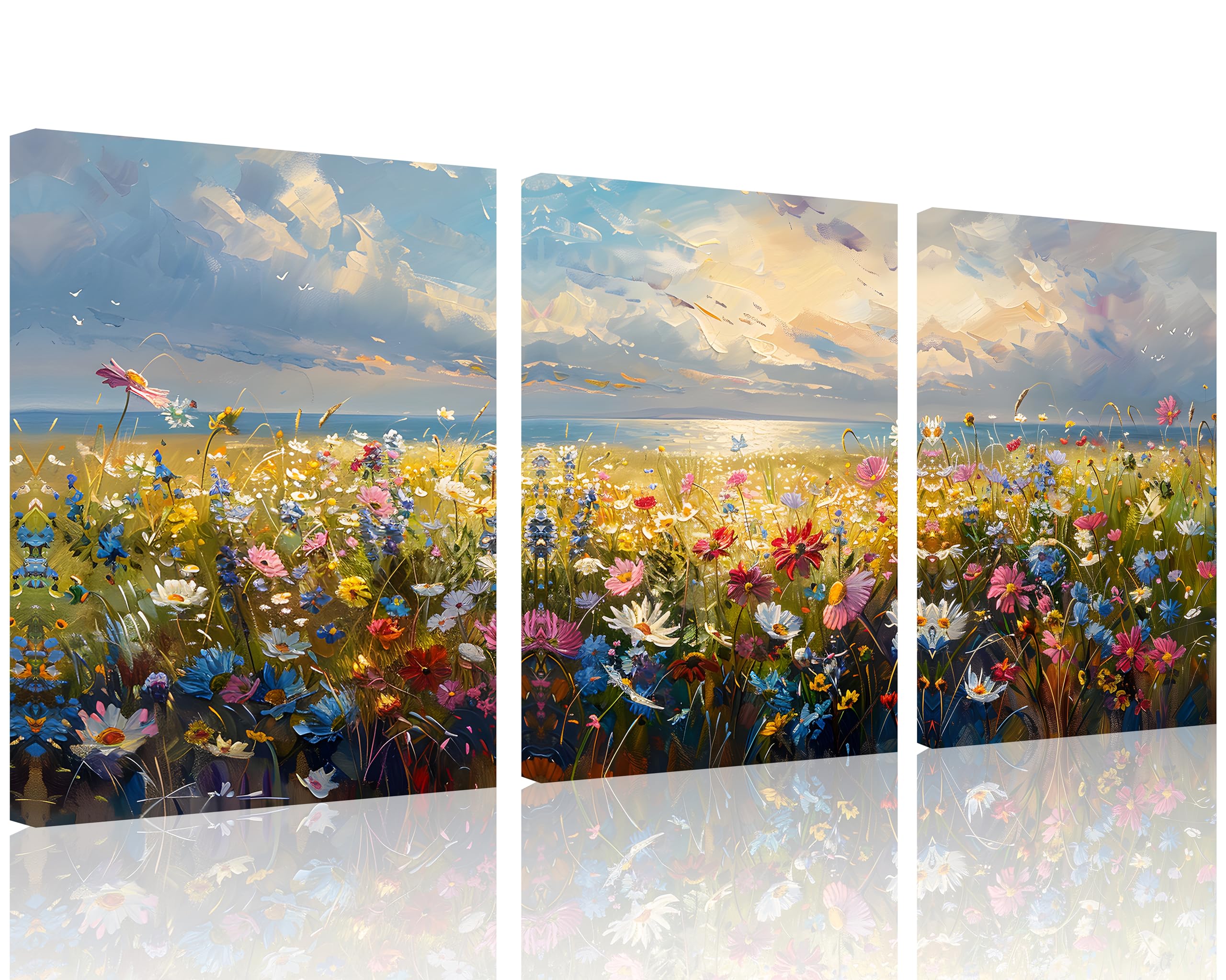 Tutubeer 3 Pcs Wildflower Field Artwork Rustic Wildflower Field At Beach Vintage Wall Art Canvas Prints Wild Flower Wall Art Rus