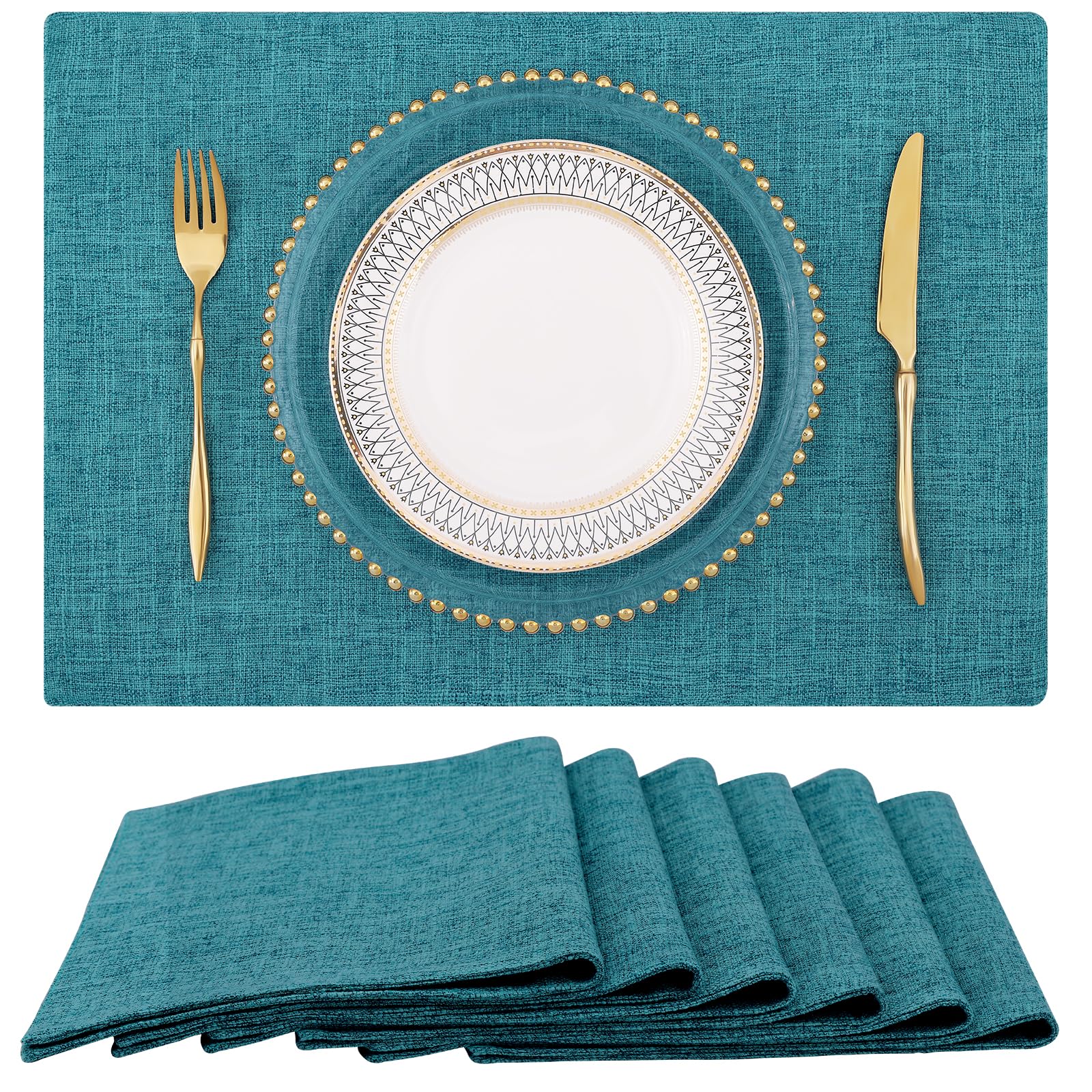 Homing Teal Cloth Easter Placemats Set Of 6 - Cotton Linen Blend Washable Spring Dining Table Mats For Easter, Indoors & Outdoor