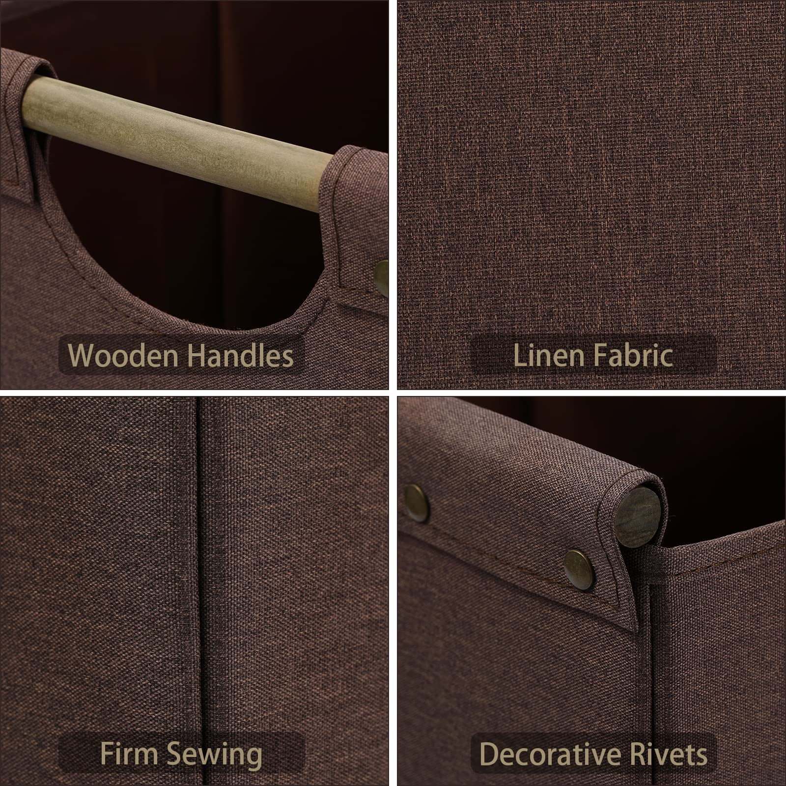 Hoonex Collapsible Storage Bins, 12X12X12In Storage Cubes Linen Fabric, Pack Of 3, Storage Baskets With Wooden Carry Handles And