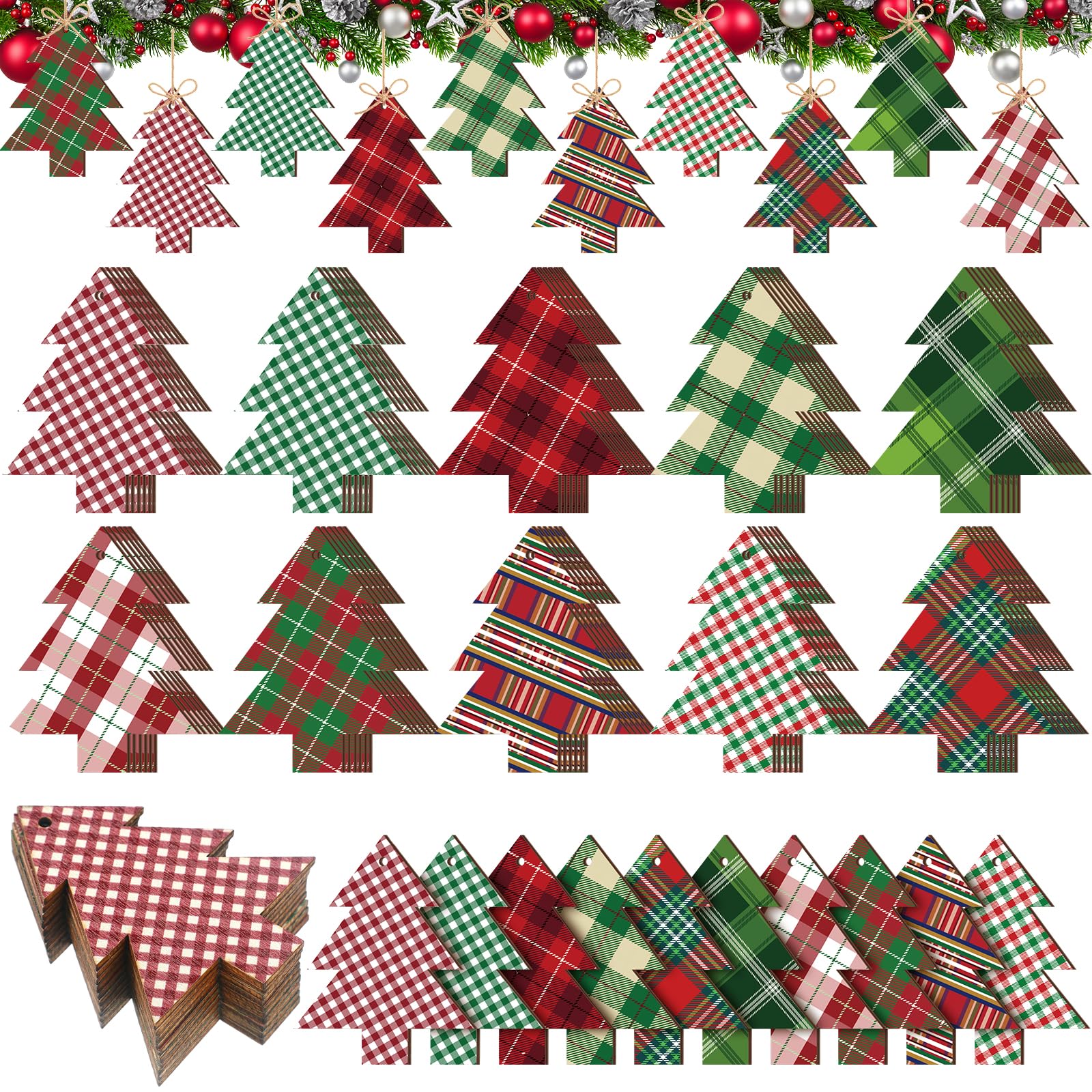 Blulu 60 Pcs Christmas Wooden Tag Labels Buffalo Plaid Christmas Tree Ornaments 3.15 Inch Rustic Xmas Wishes Holiday Tags Vintag