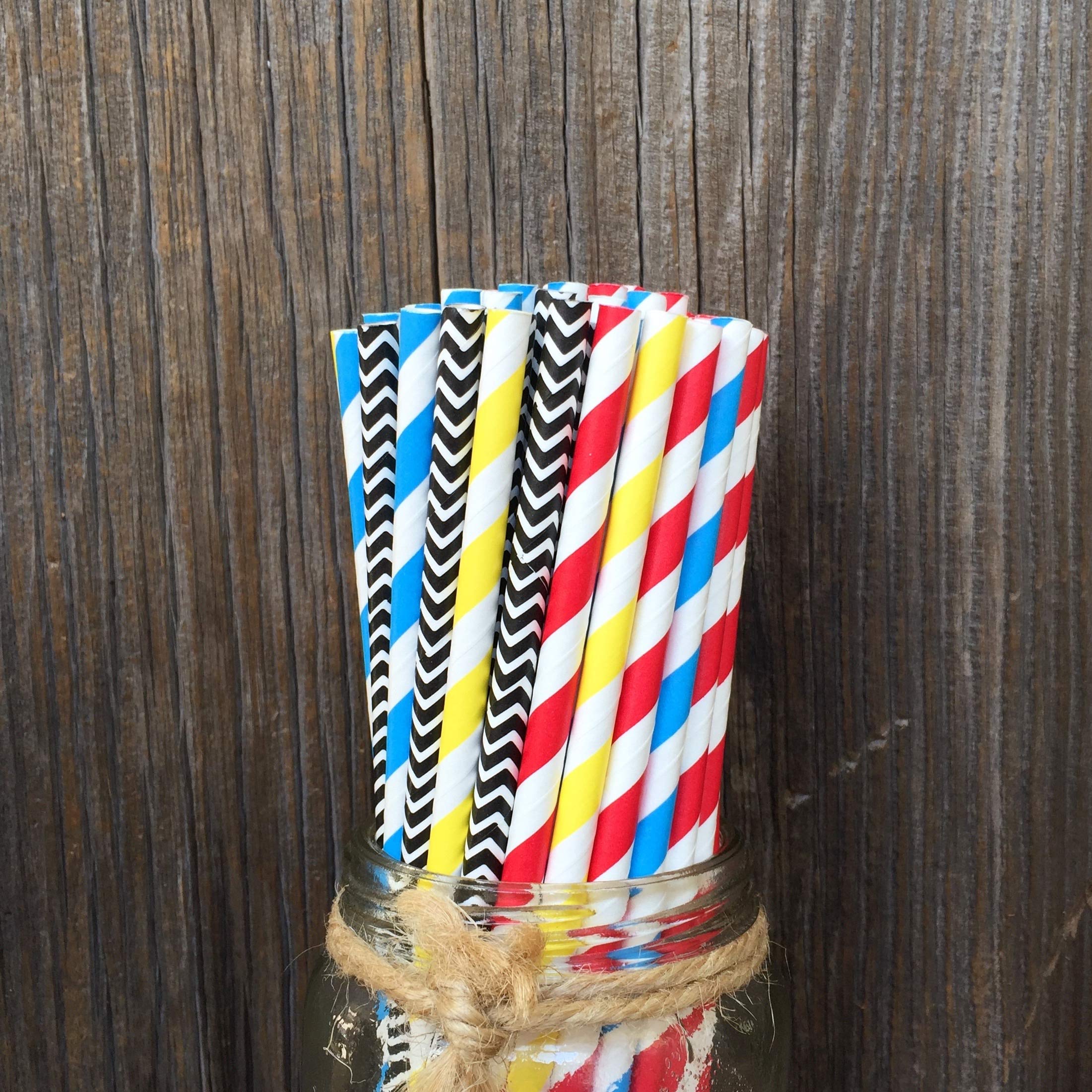 Outside The Box Papers Superhero Theme Chevron And Striped Paper Straws 7.75 Inches 100 Pack Red, Blue, Black, Yellow, White