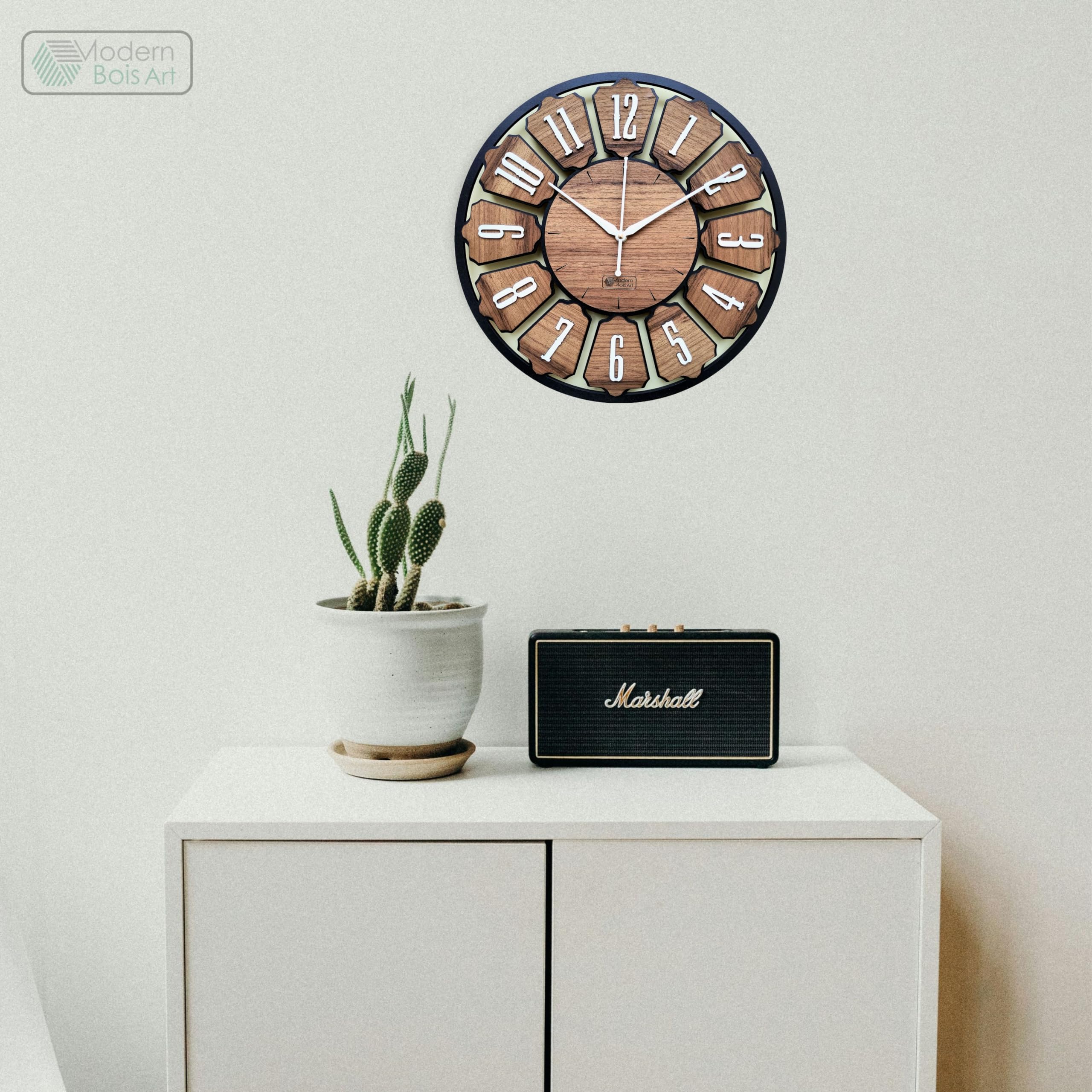 Modern Bois Art Antique Geometric Design Handmade Wood Wall Clock, Big Size Modern Wall Clock For Home Decor (Black, And Wood) D