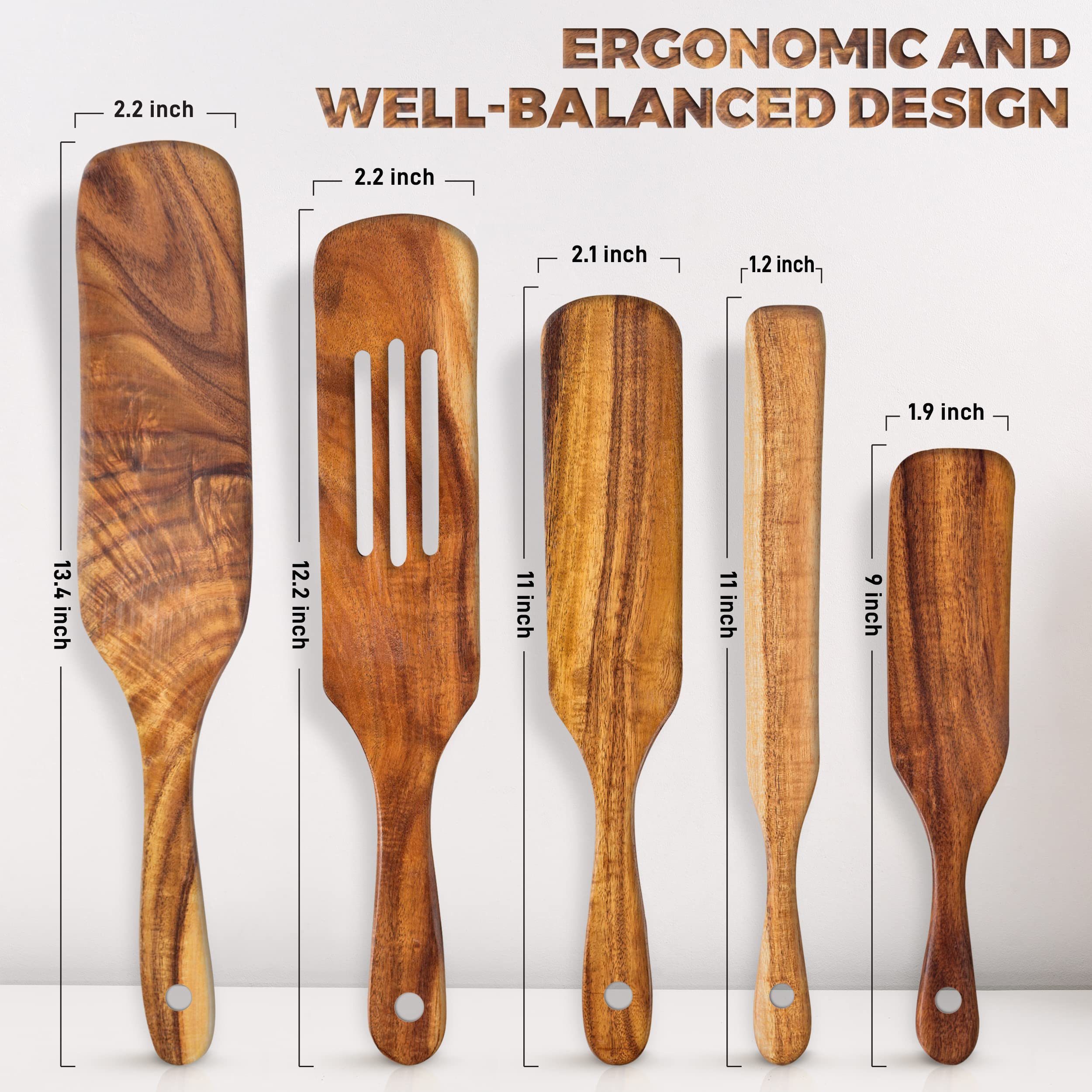 Wooden Spurtle Set Of 5, Acacia Wood Utensils For Kitchen, Heat Resistant Wooden Spoons For Cooking, Non-Stick Tool Sets, Versti