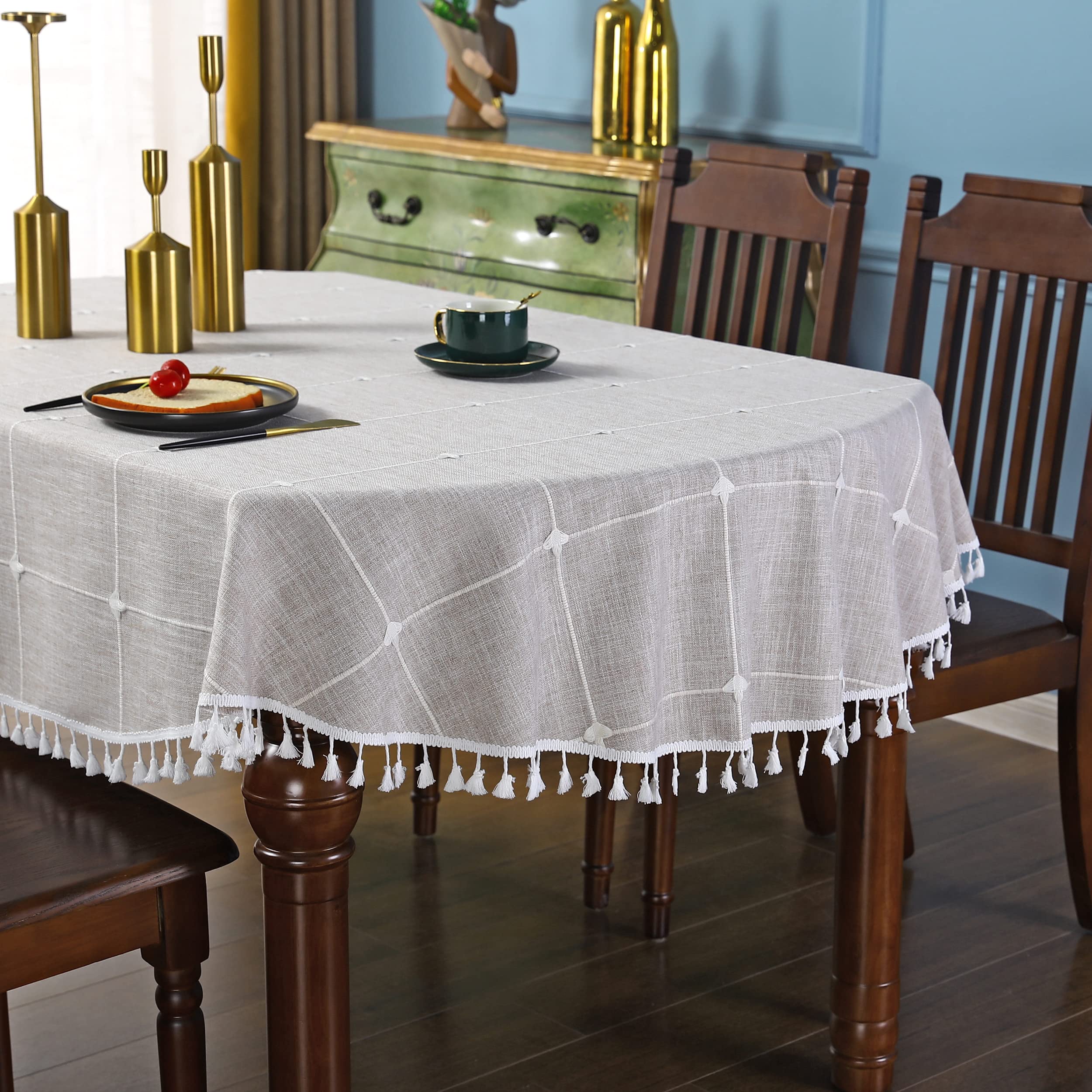 Brown Embroidery Lattice Oval Tablecloth With Tassel Heavy Duty Rustic Fabric Table Cover Wrinkle Resistant Washable Kitchen Din