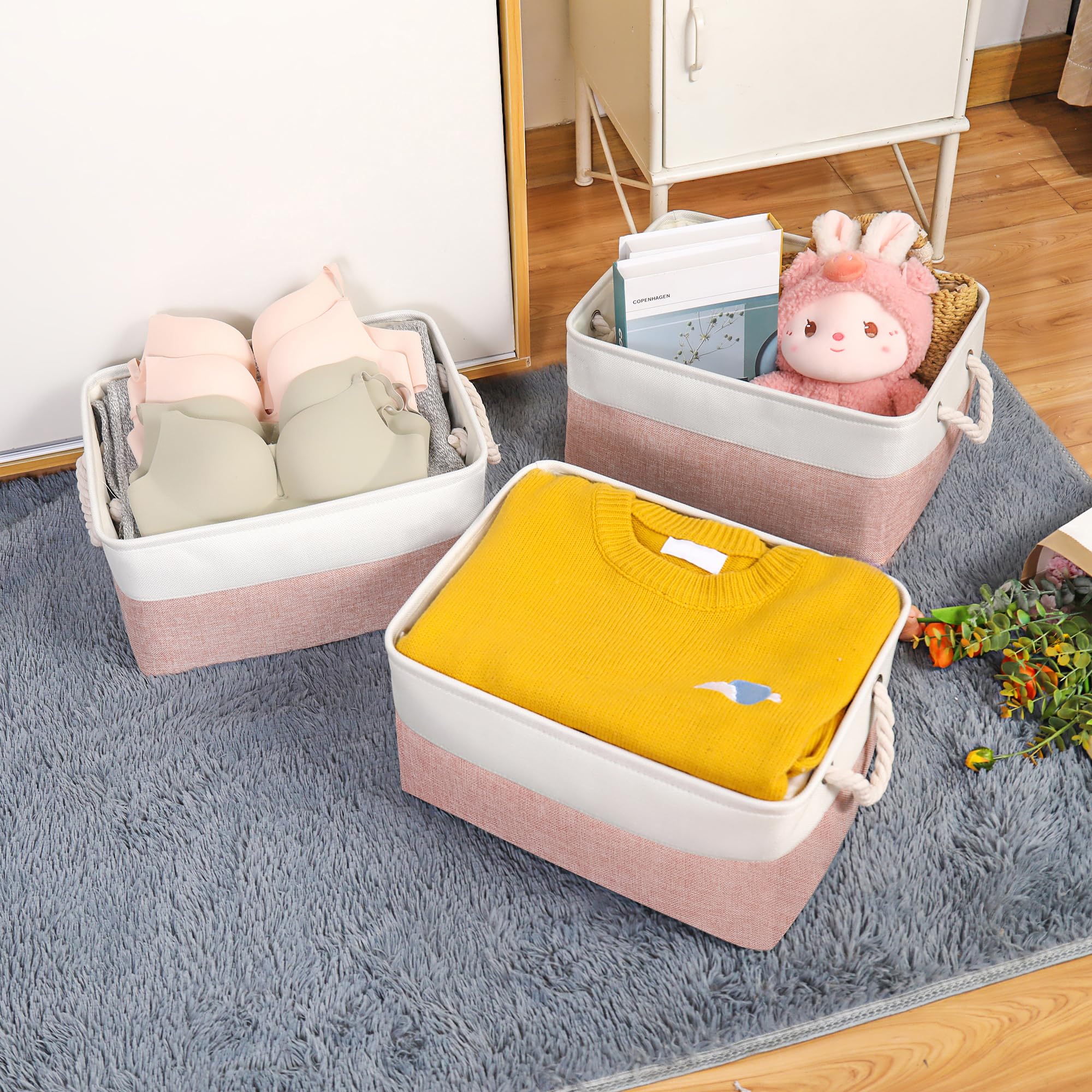 Lordcom Storage Bins With Sturdy Cotton Handles(3 Pack), Fabric Storage Baskets For Organizing Use For Office & Home, Book, Clot