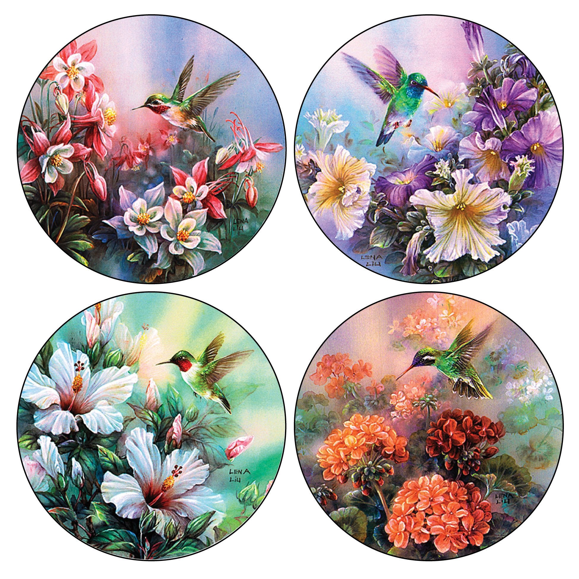 Coasterstone Absorbent Coasters, 4-1/4-Inch, Hummingbirds In Floral, Set Of 4