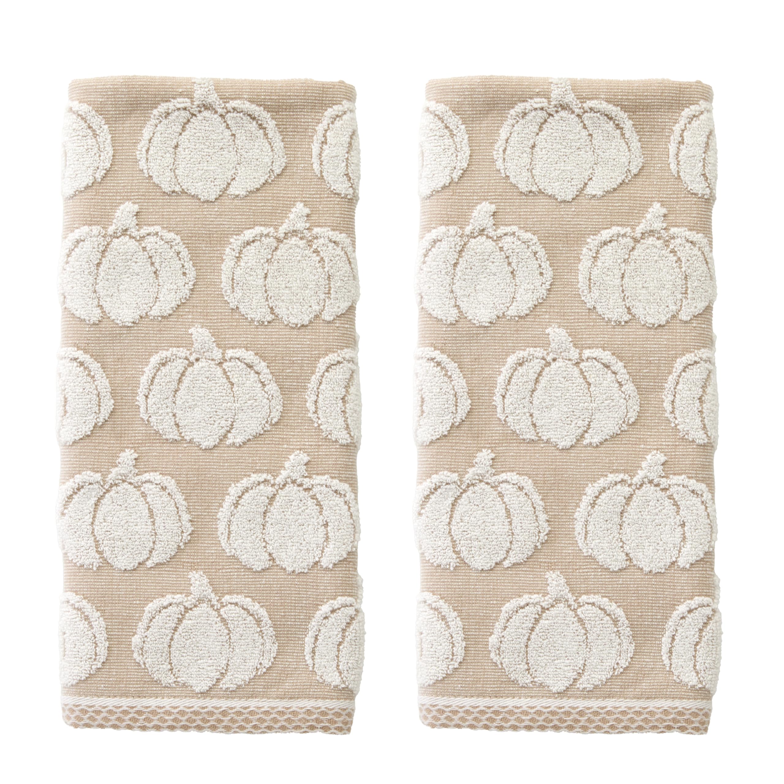 SKL Home Autumn/Fall/Thanksgiving Pumpkin Jacquard 100% Cotton Reversible 2pc Hand Towel Set, Soft & Absorbent, Decorative for B