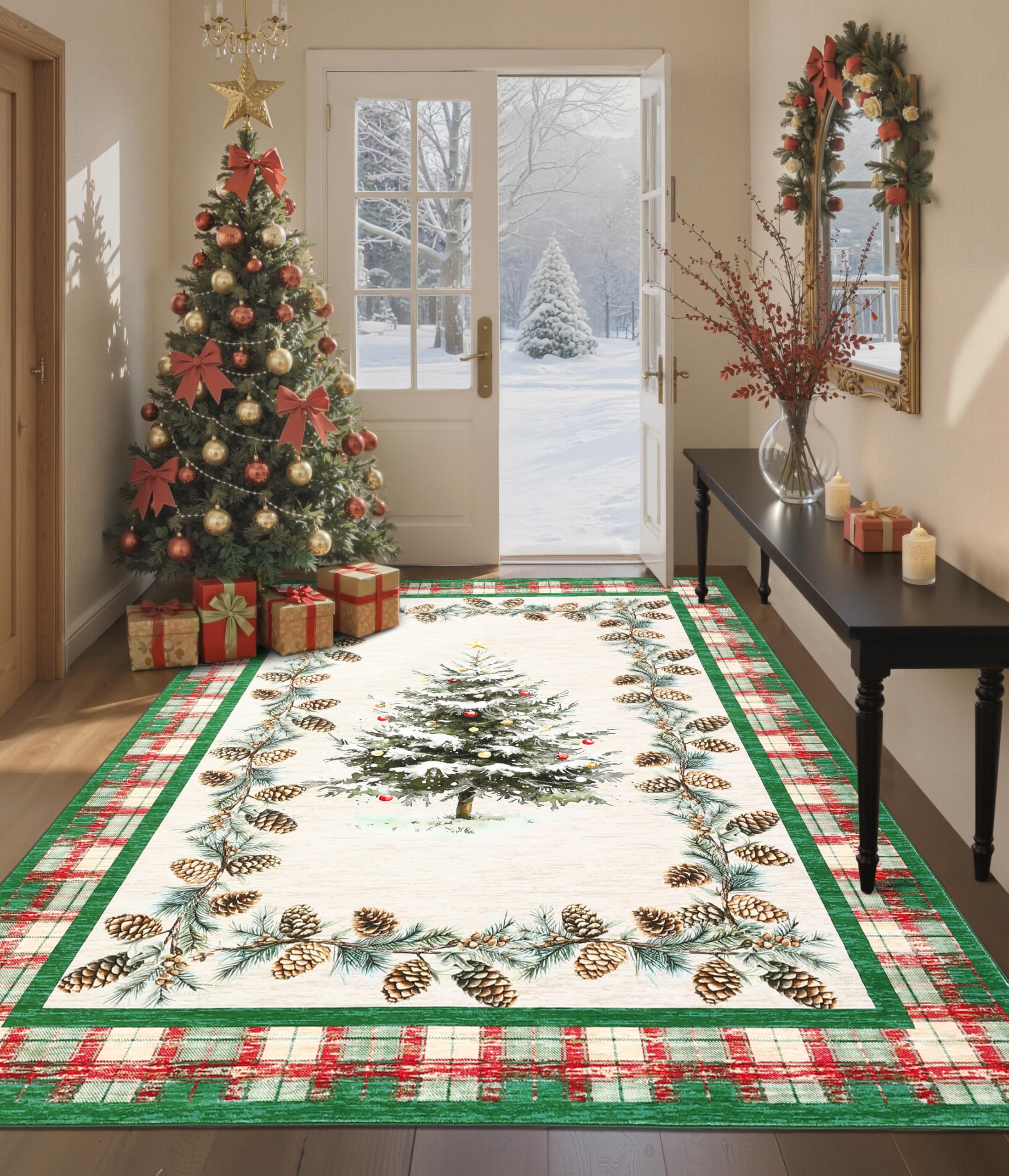 GarveeHome Green Christmas Rug 4x6 Washable Checkered Area Rugs for Living Room Bedroom, Christmas Tree Print Holiday Rug Non-Sl