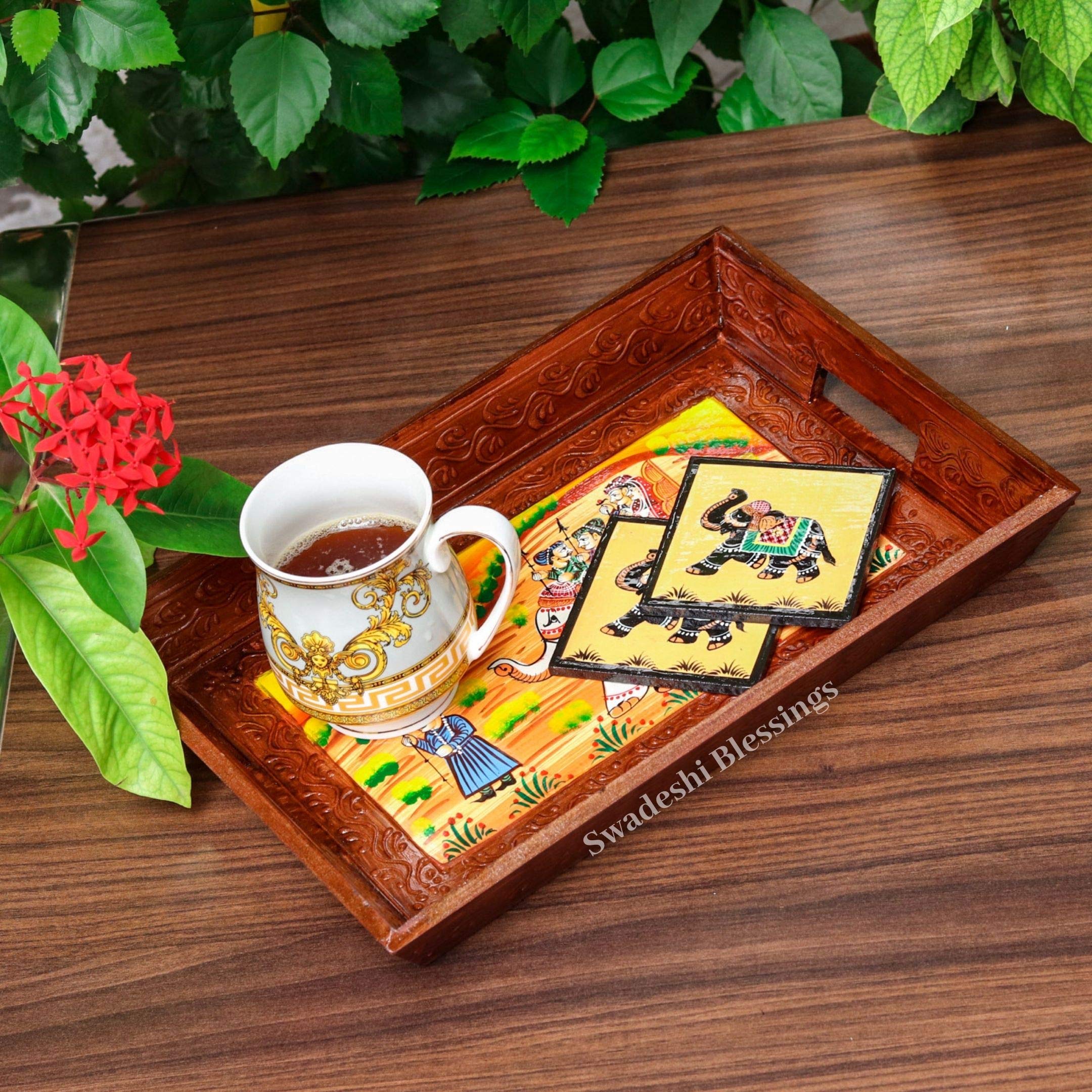 Swadeshi Blessings Wooden Serving Tray Set- Handcrafted & Hand-Painted For Kitchen/Table & Home Decor/Dinning/Gifts/Restaurants/
