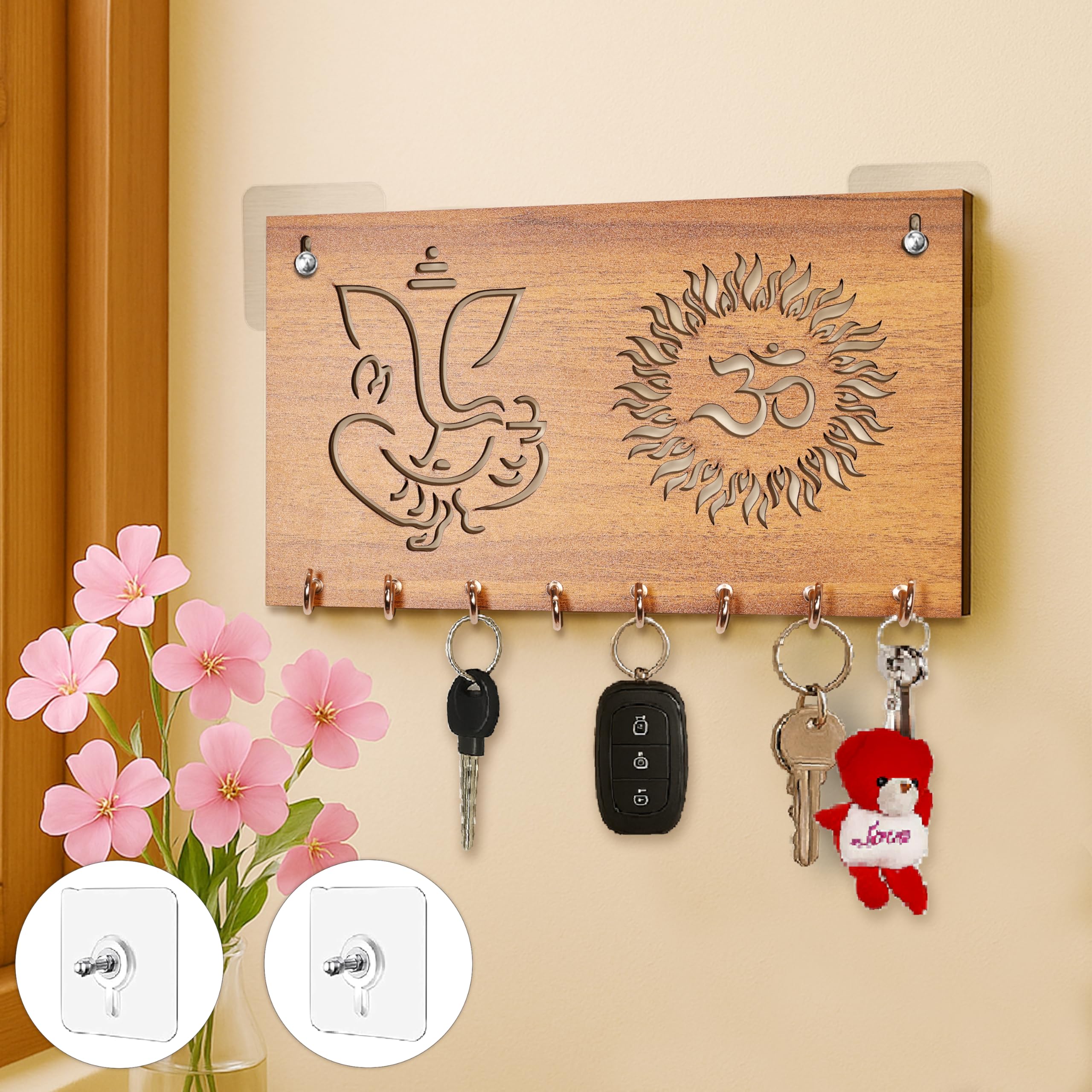 Rousrie Key Holder for Home Without Drill, Wall Mounted Storage Organizer with 8 Hooks, No Drill Installation, 2 Powerful Adhesi