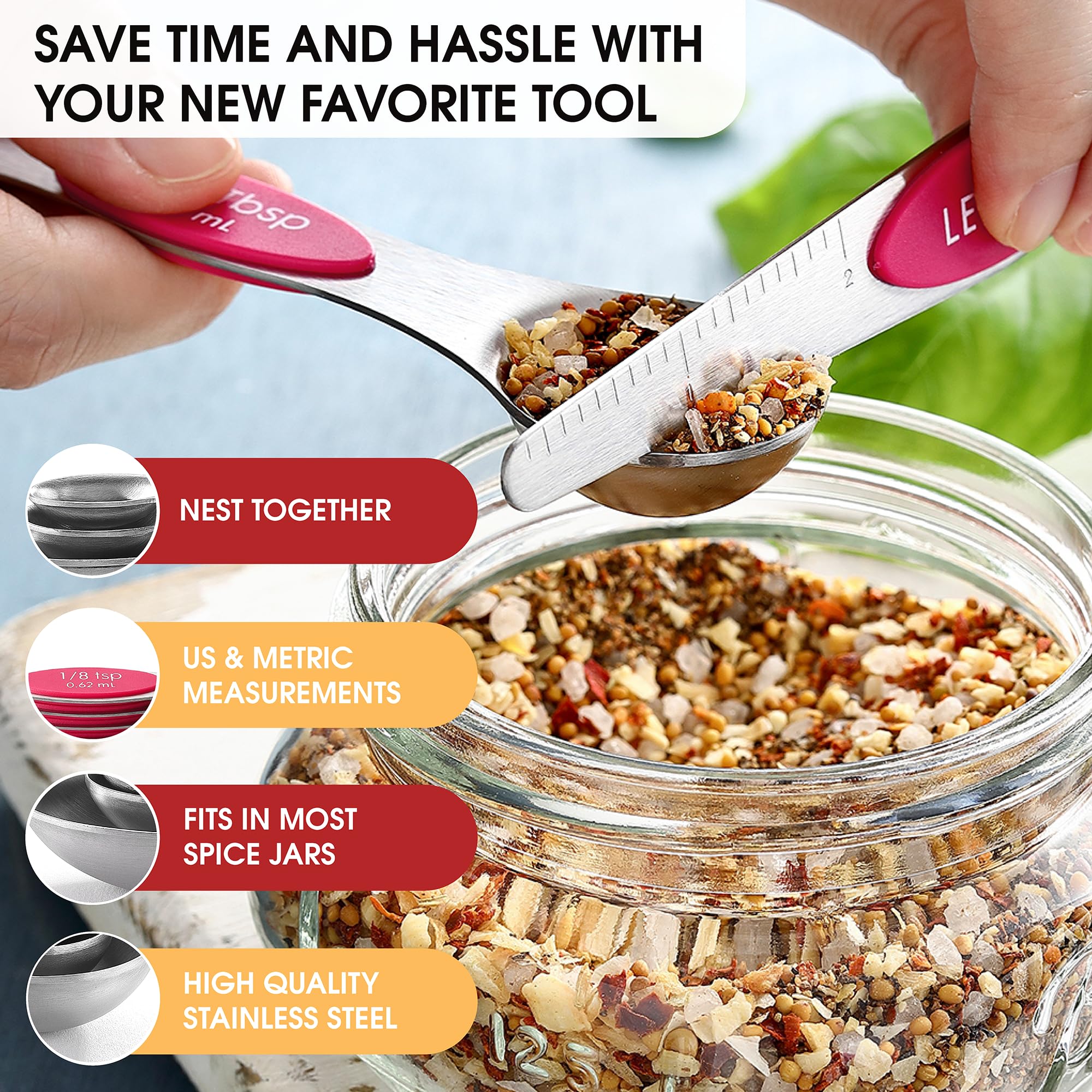 Spring Chef Magnetic Measuring Spoons Set, Dual Sided, Stainless Steel, Fits In Spice Jars, Pink, Set Of 8, 2 Pack