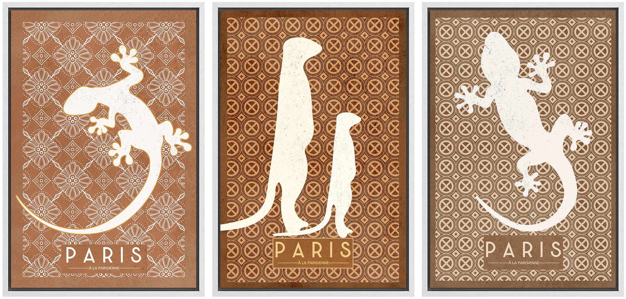 Signwin Framed Canvas Print Wall Art Set Paris France Meerkat Gecko Pattern Nature Animals Illustrations Modern Art Rustic Group