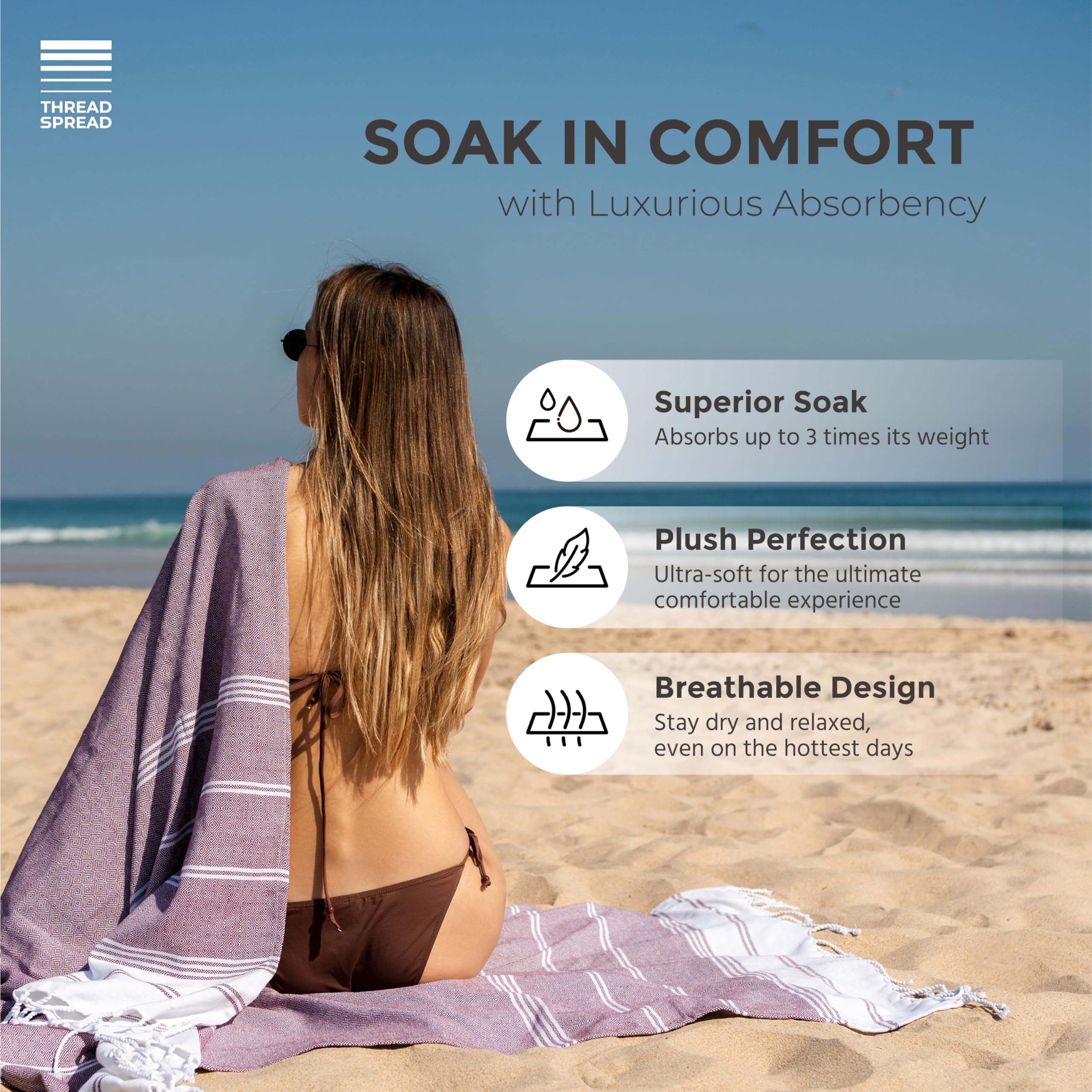 Thread Spread Quick Dry Beach Towel - Turkish Cotton Beach Towels 2 Pack - 39'' X 71'' Sand Proof Beach Towels, Oversized Beach