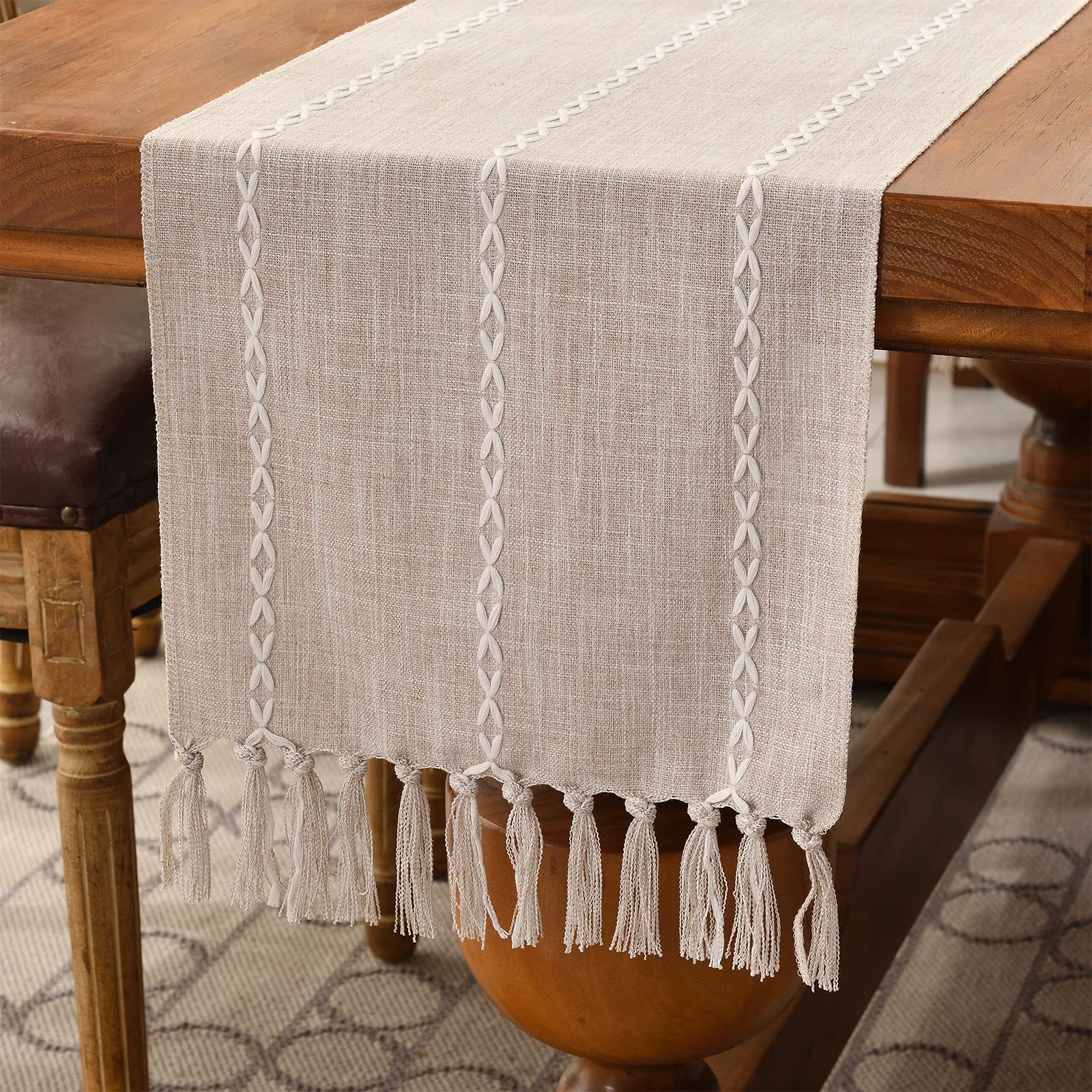 Wracra Rustic Linen Table Runner Farmhouse Style Table Runners 108 Inches Long Embroidered Fall Table Runner With Hand-Tassels F