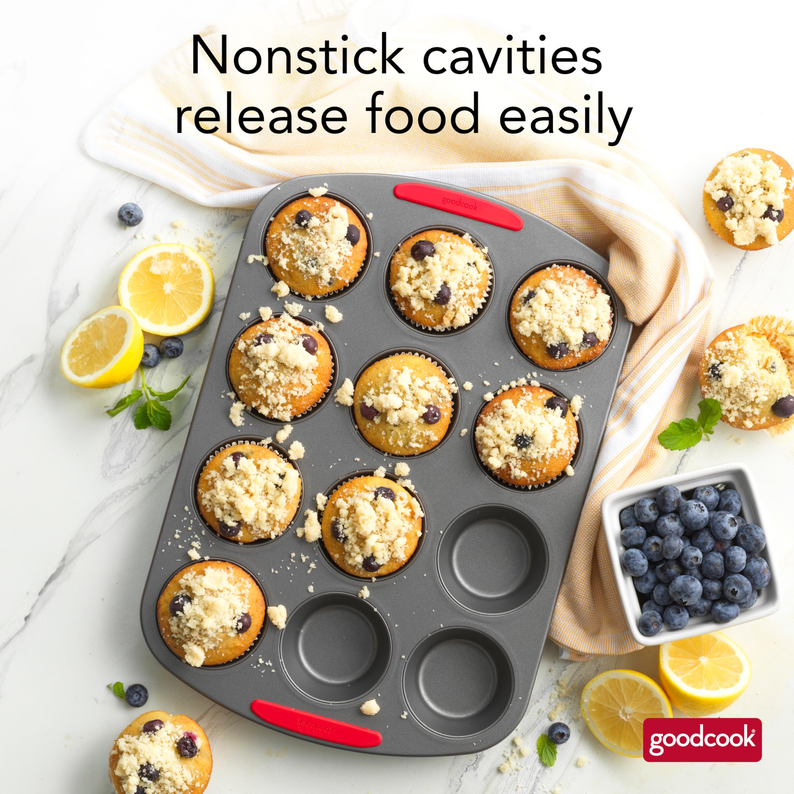 Goodcook Megagrip 12-Cup Nonstick Steel Cupcake And Muffin Pan With Silicone Grip Handles, Gray