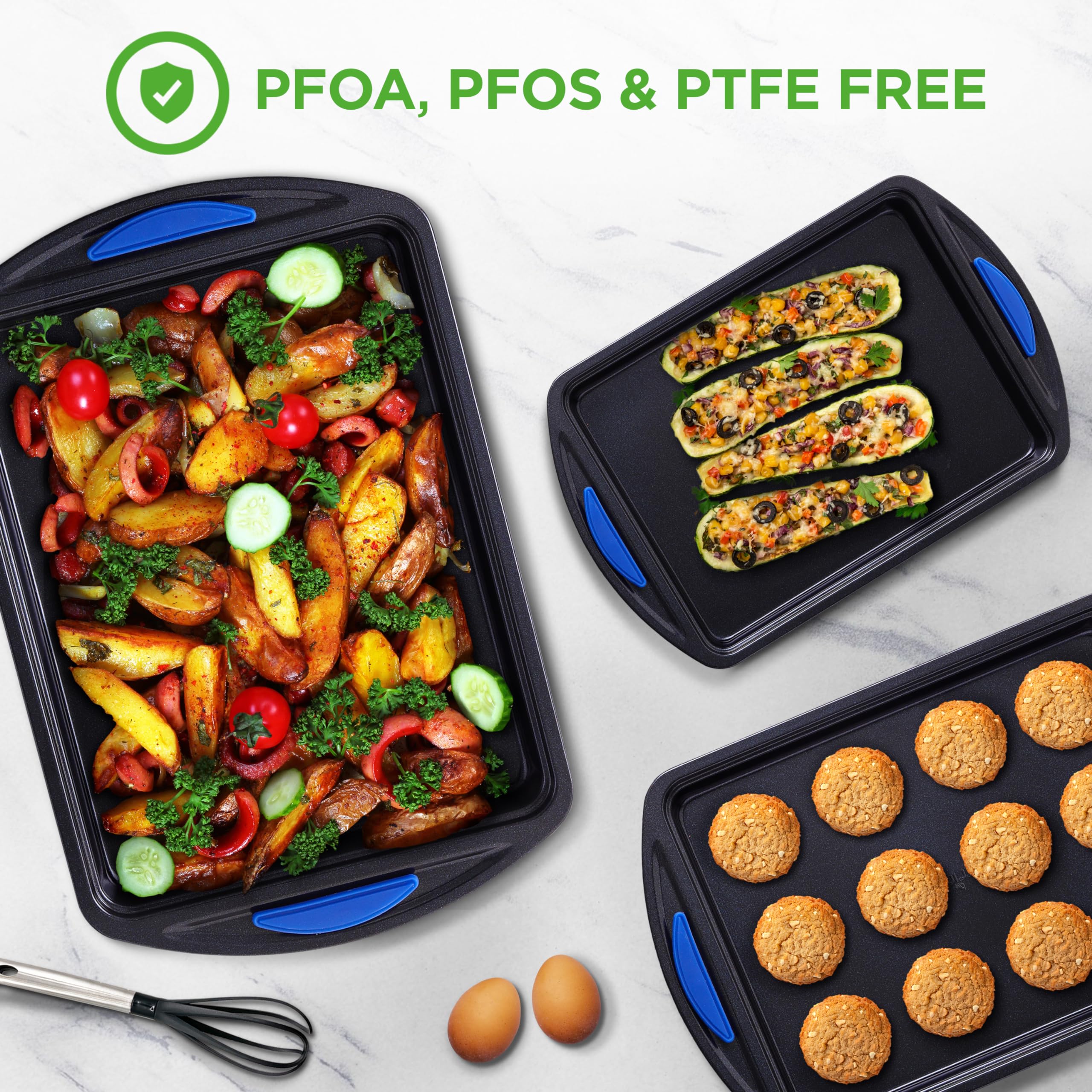 Nutrichef 3-Piece Nonstick Baking Pans Set - Premium Oven Bakeware With Silicone Handles, Non-Stick Heavy Duty Carbon Steel - St