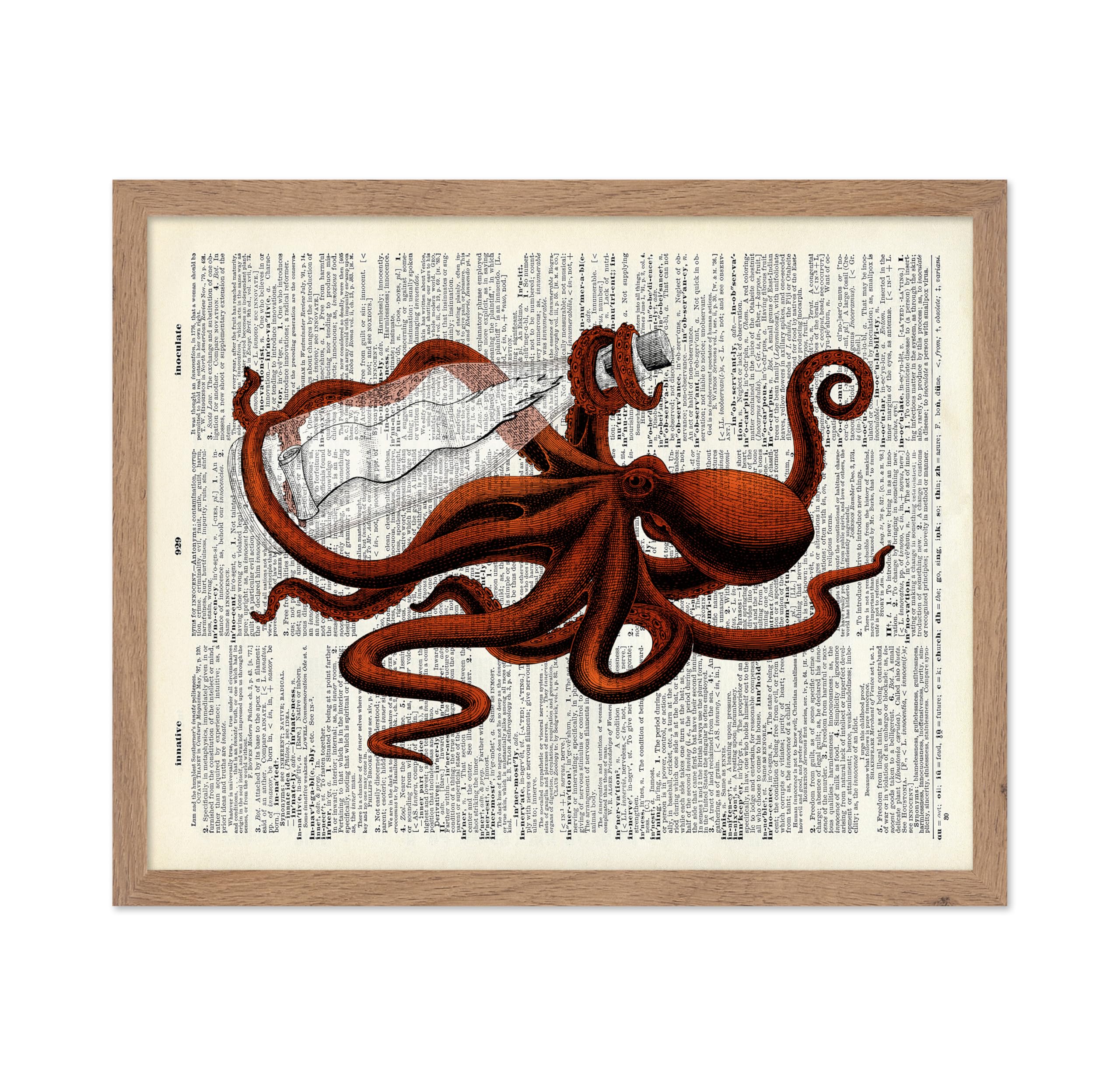 Poster Master Dictionary Art Poster - Octopus with Bottle Print - Octopus Art - Kraken Art - Gift for Him, Her, Animal Lover - N