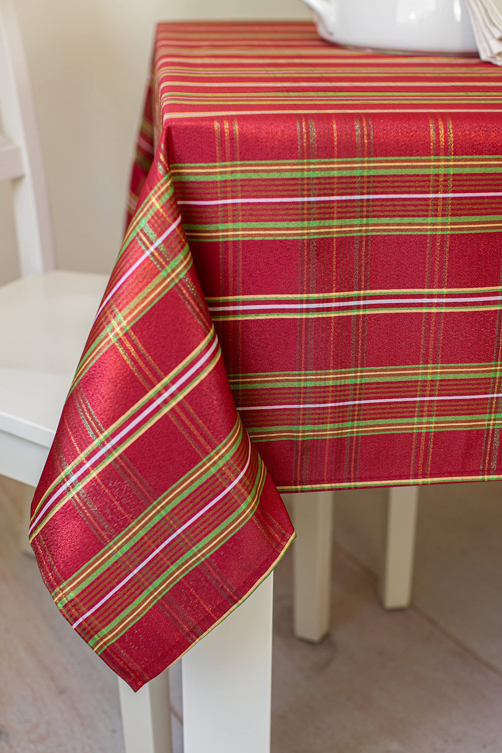 Benson Mills Christmasville Plaid Metallic Fabric Christmas Table Cloth, Winter, Holiday And Christmas Tablecloth (60'' X 104''