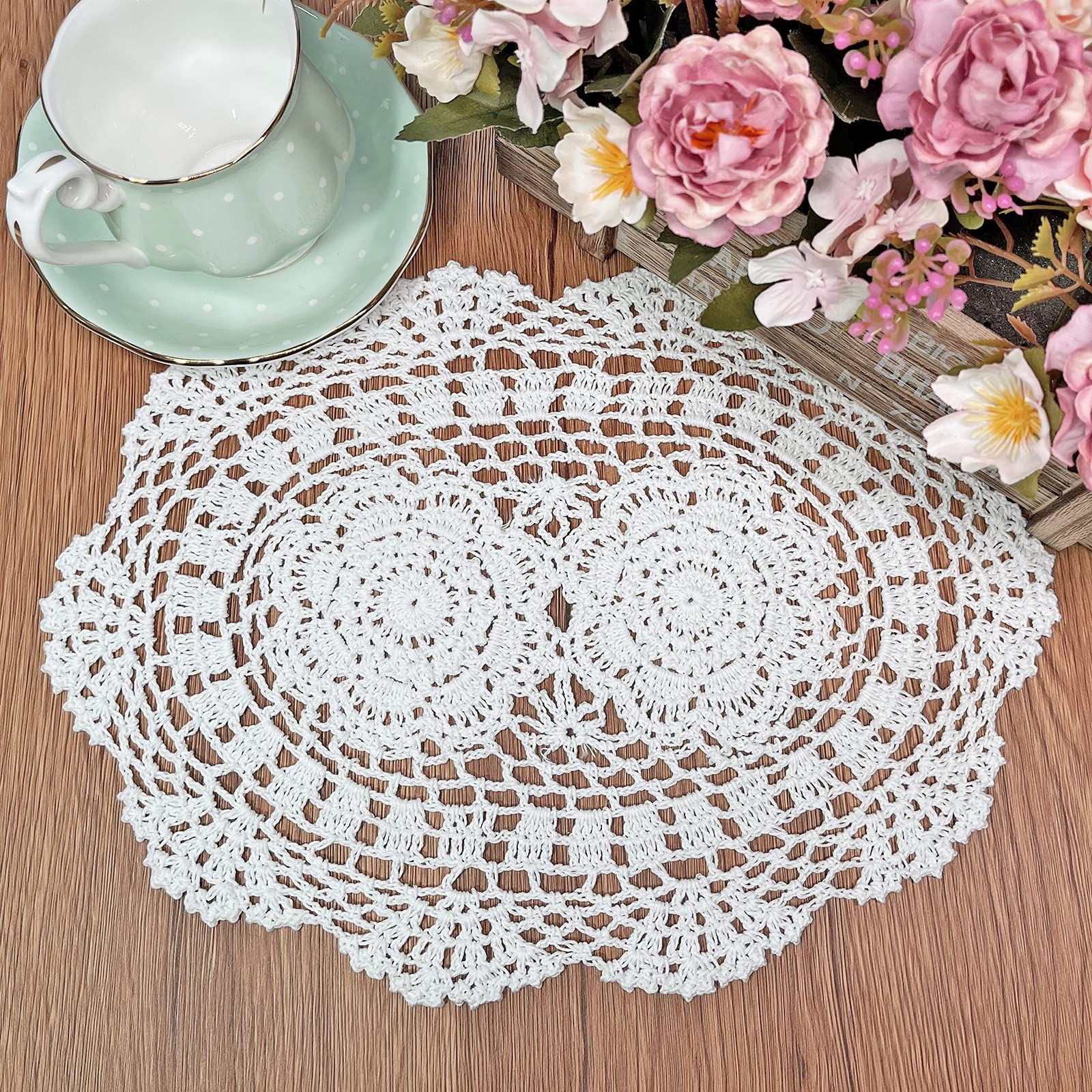 Phantomon Lace Doilies Handmade Crochet Placemats Cotton Doilies Cloth Lace, Pack Of 4, Oval Shape, 10 X 14 Inch (White)