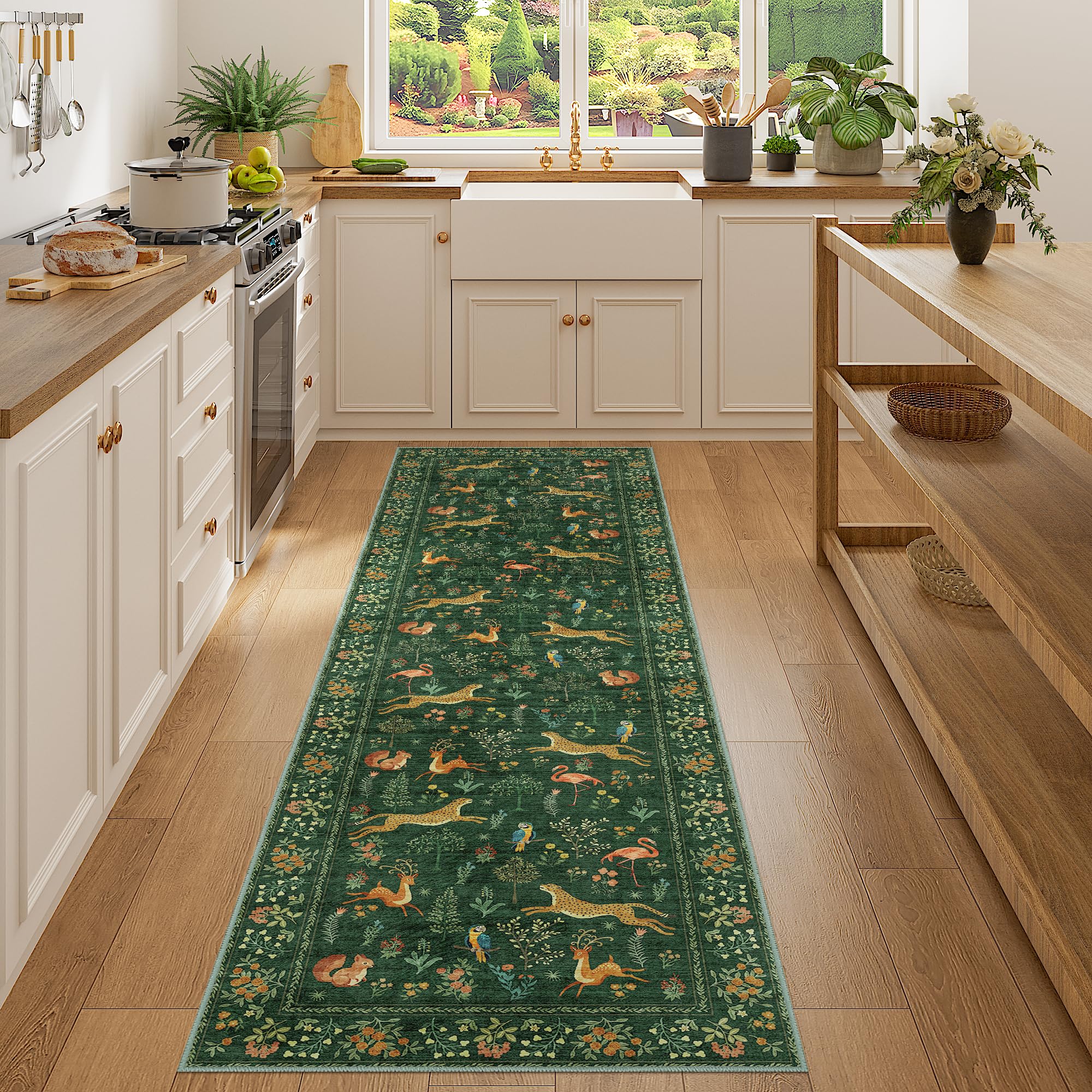 DUKINO Runner Rug, 2x7 Washable Kitchen Rugs for Hallways with Non Slip Backing, Soft Low Pile Vintage Animal Runner for Kitchen