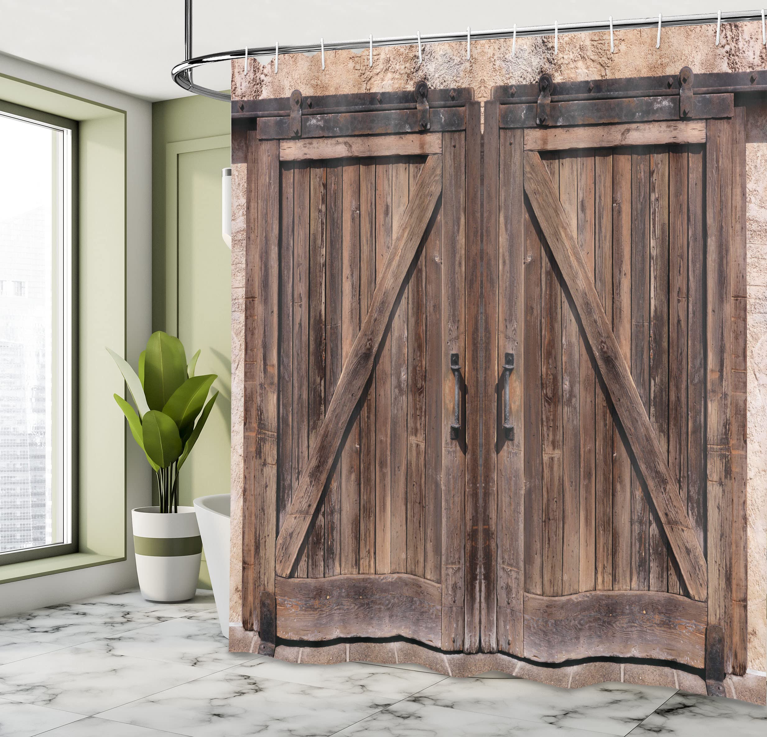 Ambesonne Rustic Shower Curtain, Wooden Barn Door In Stone Farmhouse Image Vintage Desgin Rural Art Architecture Print, Cloth Fa
