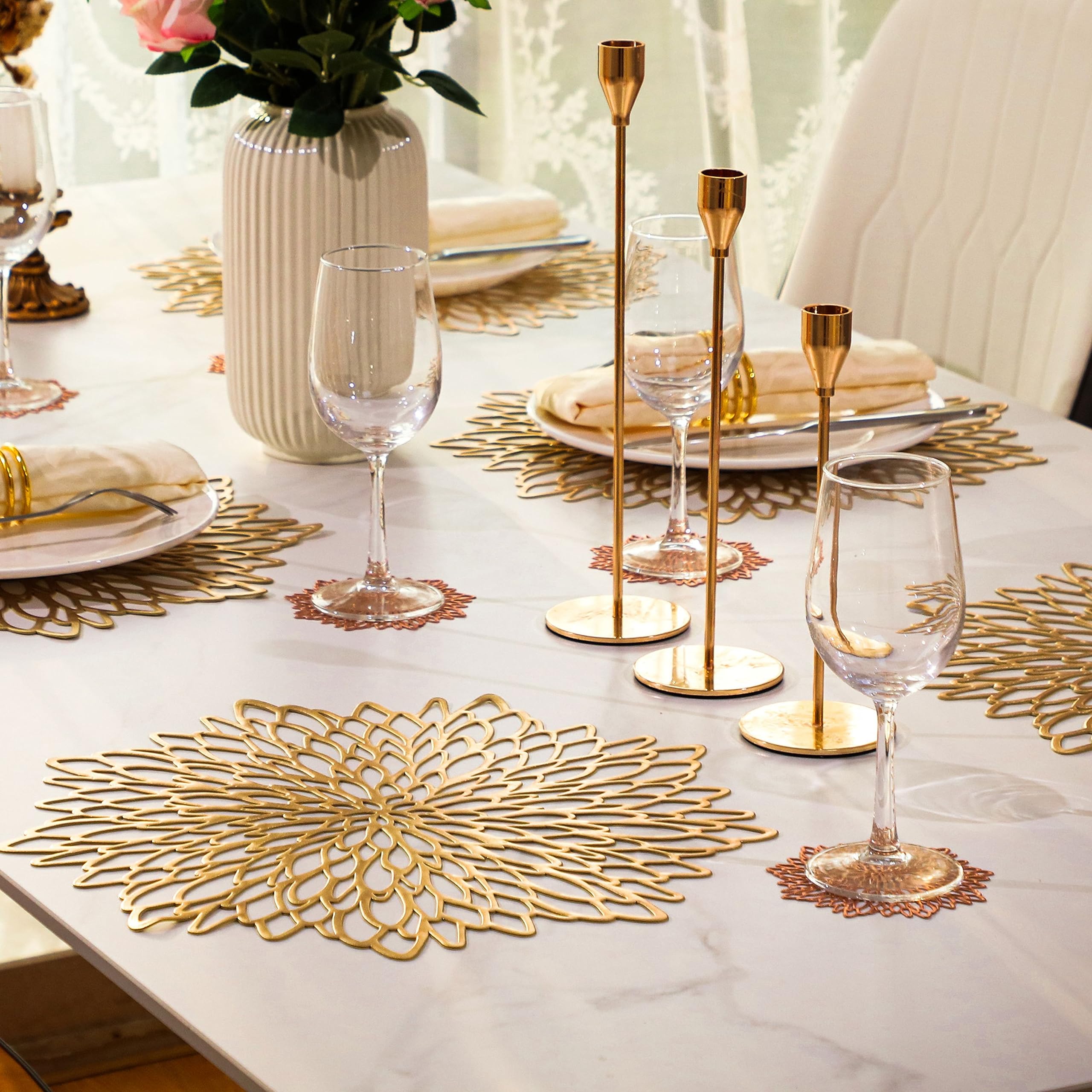 Snowkingdom Pairs Of 18 Gold Metallic Round Placemats & Coasters 36 Pcs Matching, Bulk Round Pressed Vinyl Leaf Dinning Kitchen