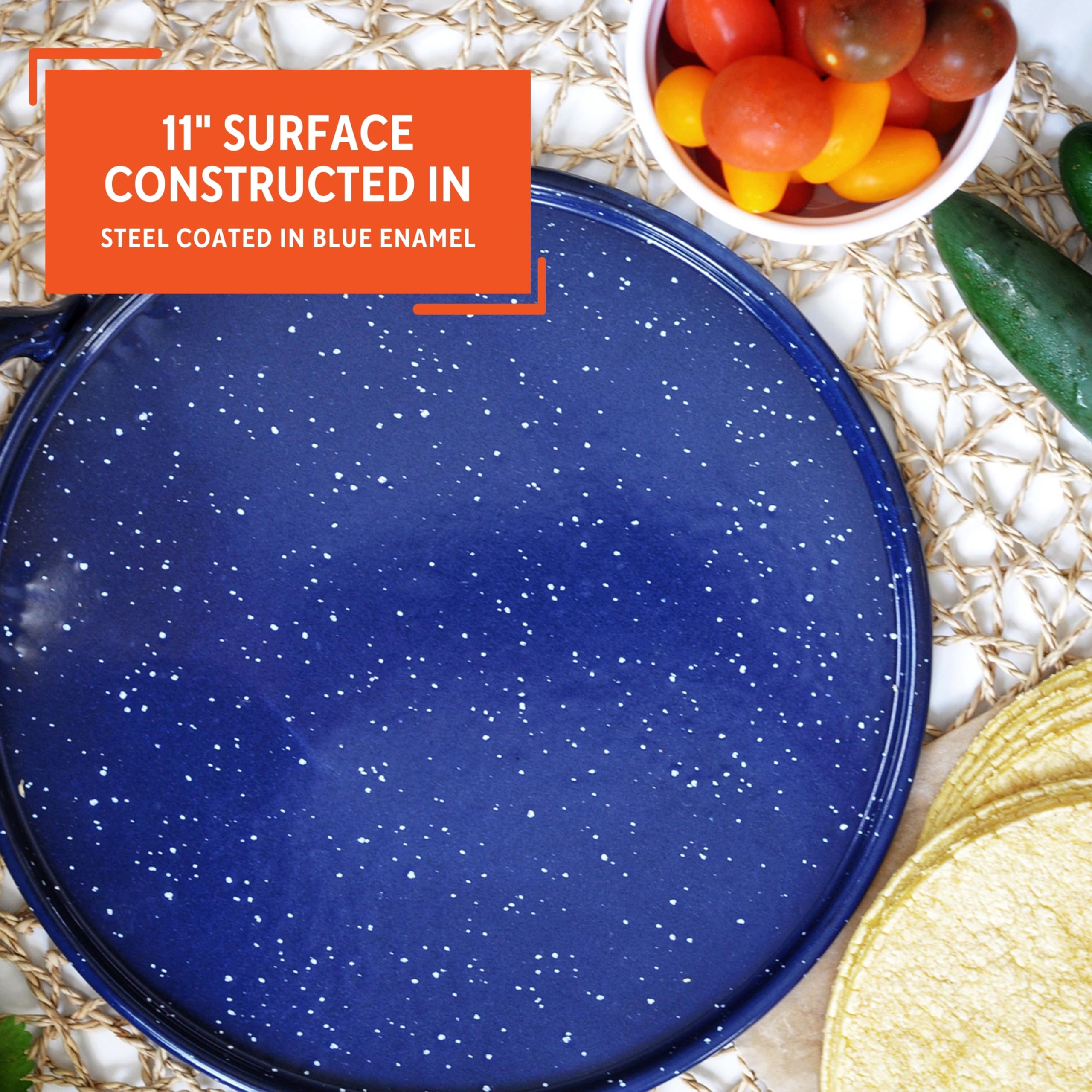 Imusa Round Enamel Comal With Metal Handle 11 Inch, Blue