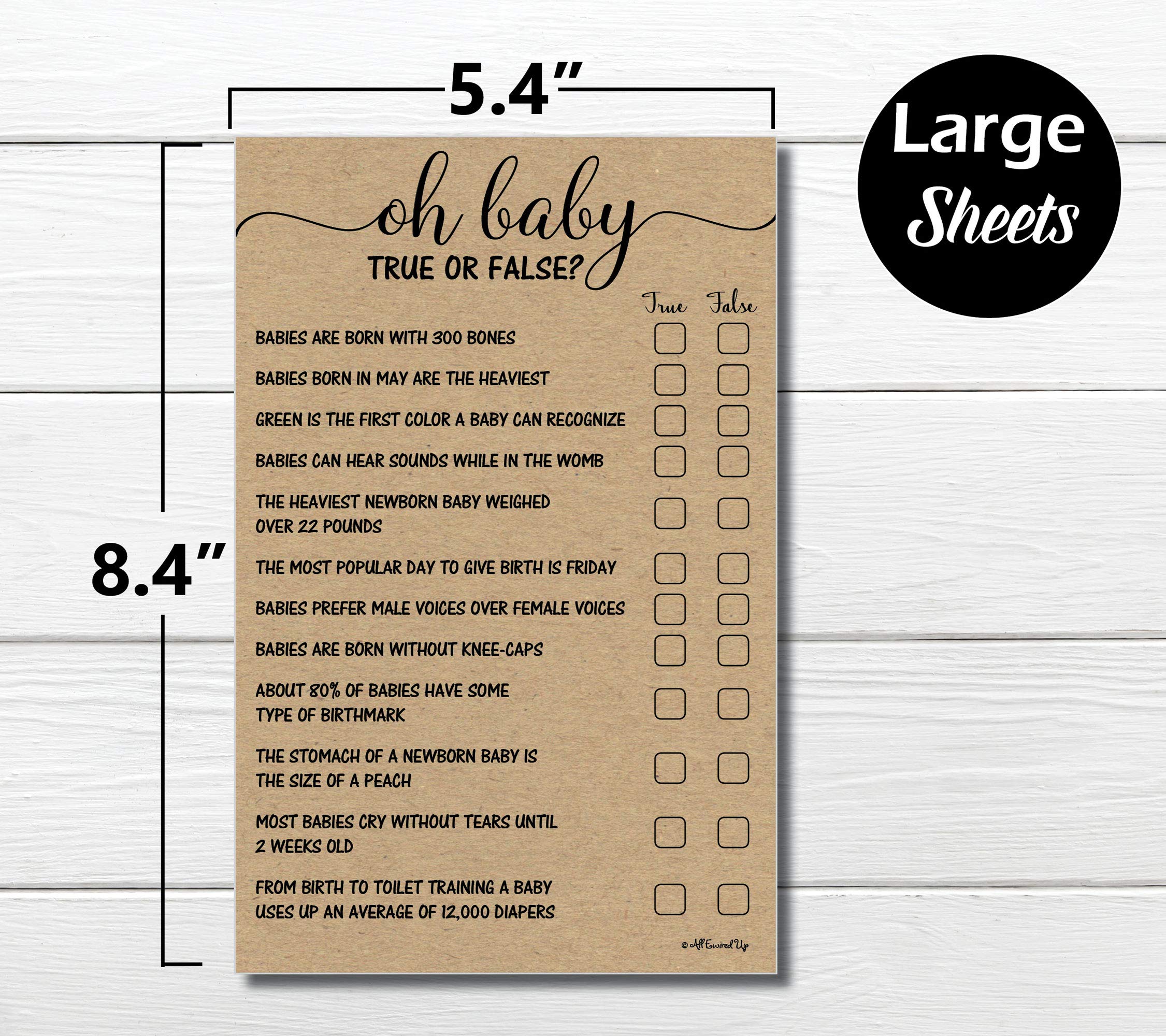 50 True Or False Oh Baby Trivia Game - Kraft (50-Sheets) Rustic (Large Sheet Size) Fun, Easy To Play, Baby Shower Game, Sprinkle