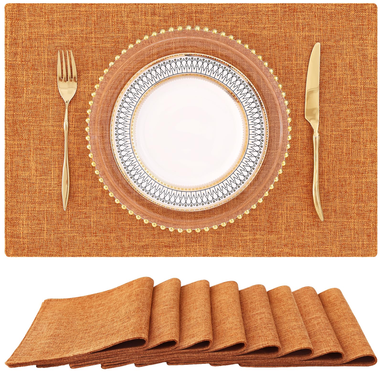 Homing Orange Cloth Placemats Set Of 8 - Cotton Linen Blend Washable Farmhouse Dining Table Mats For Fall & Thanksgiving, Easy T