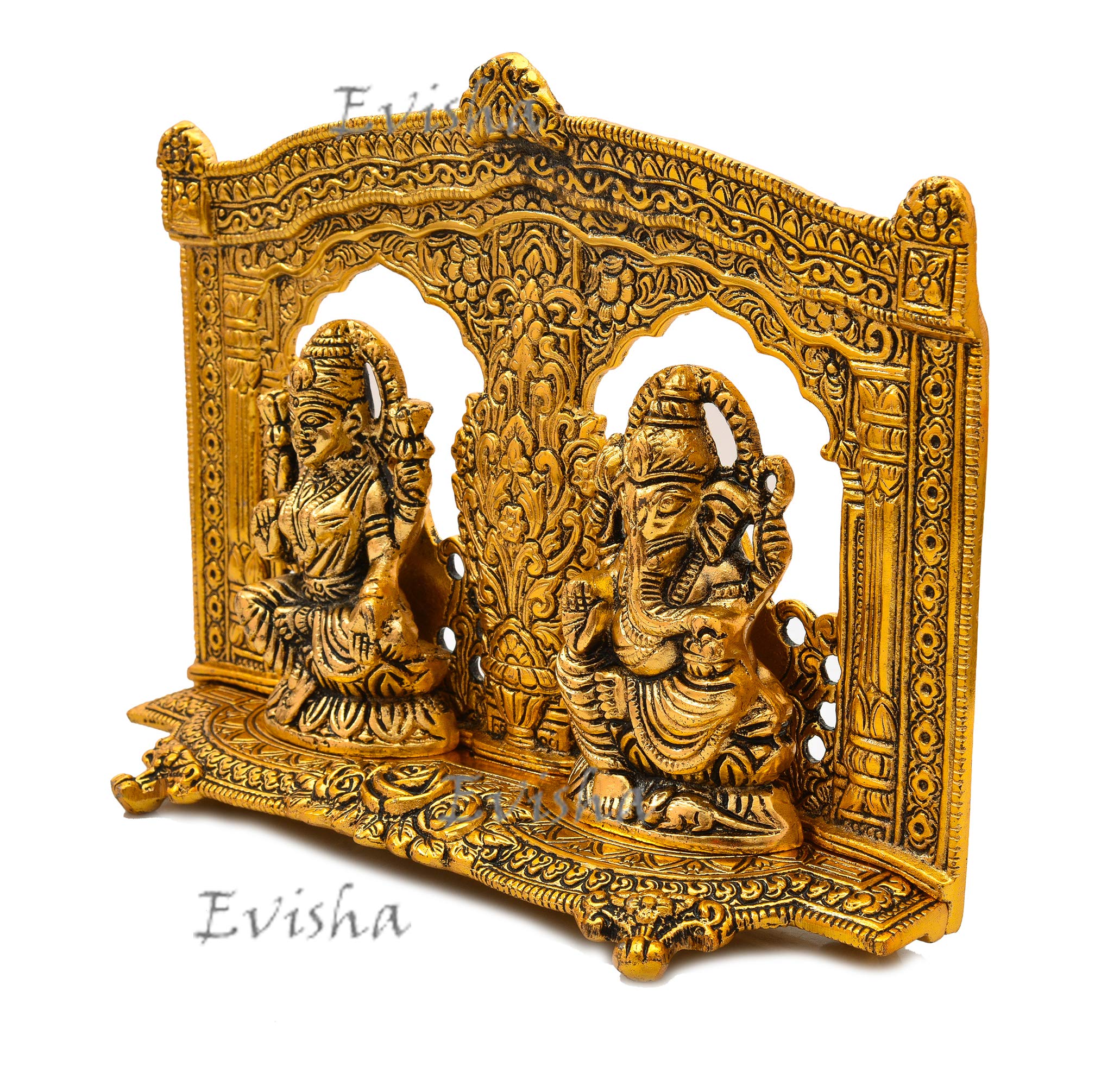 Evisha Golden Brass Lord Lakshmi/Ganesha Laxmi/Ganesh With Heavy Look Back Frame Statue Antique Finish Idols Murti Pooja Temple