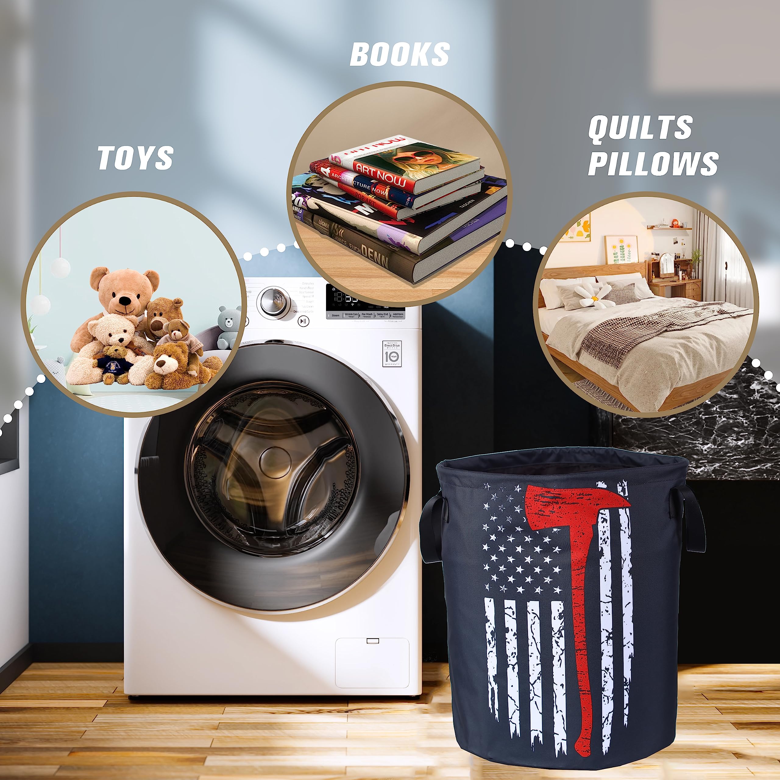 American Flag Red Line Ax Laundry Basket Firemen Foldable Waterproof Oxford Cloth Funny Tote Bag Laundry Hamper Clothes Storage