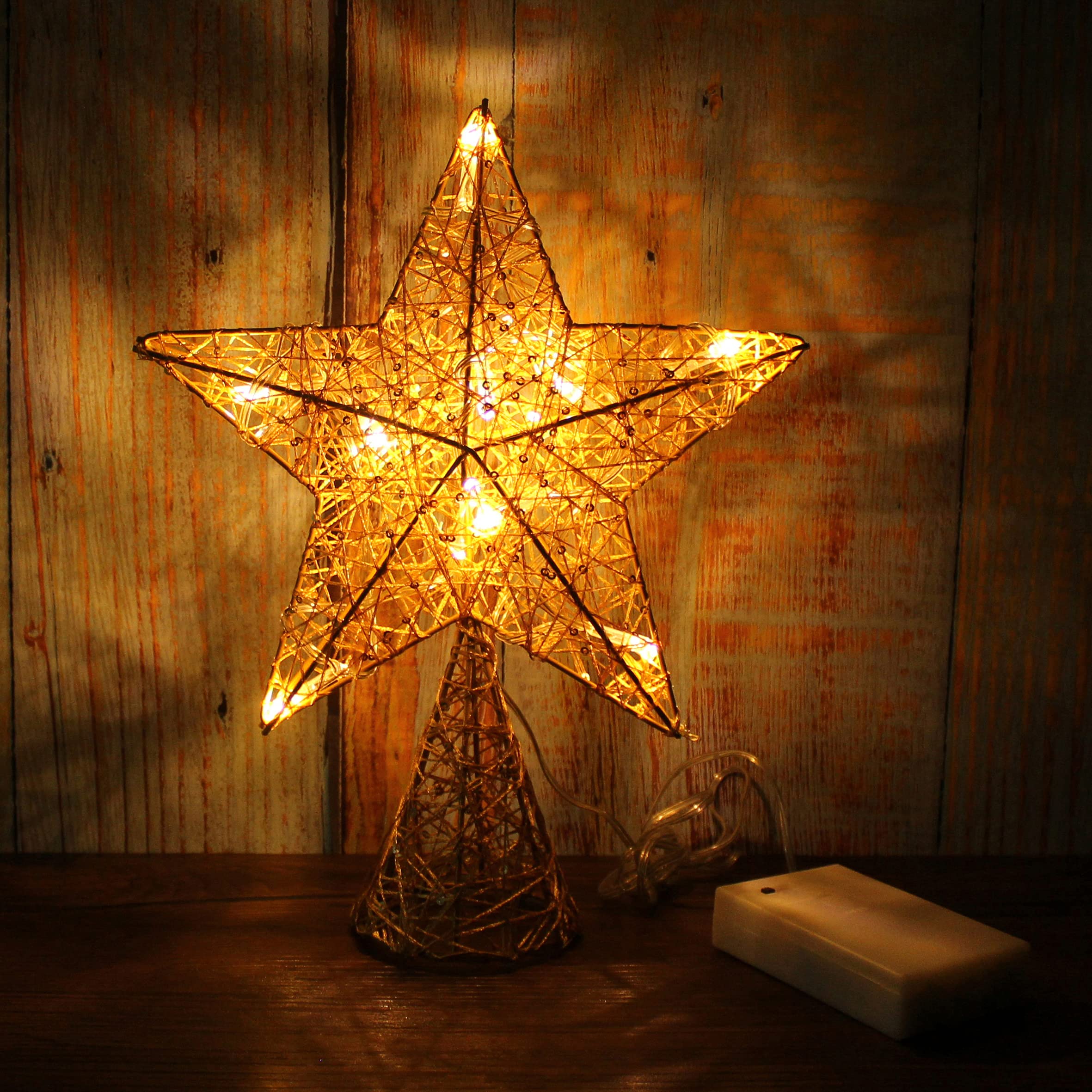 CVHOMEDECO. Gold Tree Top Star with Warm White LED Lights and Timer for Christmas Ornaments and Holiday Seasonal D  cor, 8 x 10