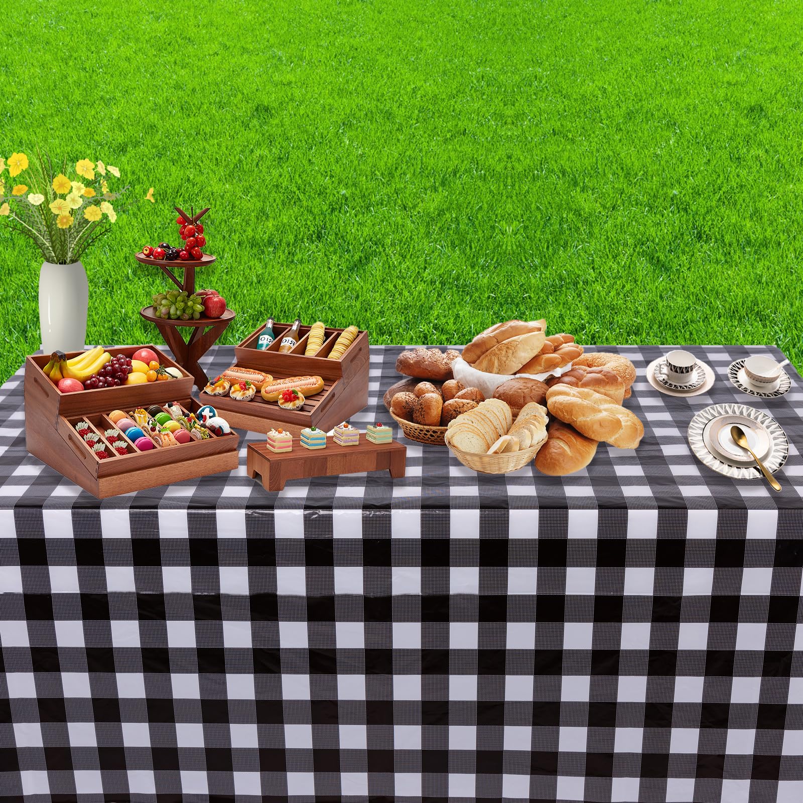 Kesfey 3 Packs Black Gingham Tablecloths 54 X 108 Inch Black And White Checkered Tablecloth Disposable Plastic Plaid Picnic Tabl