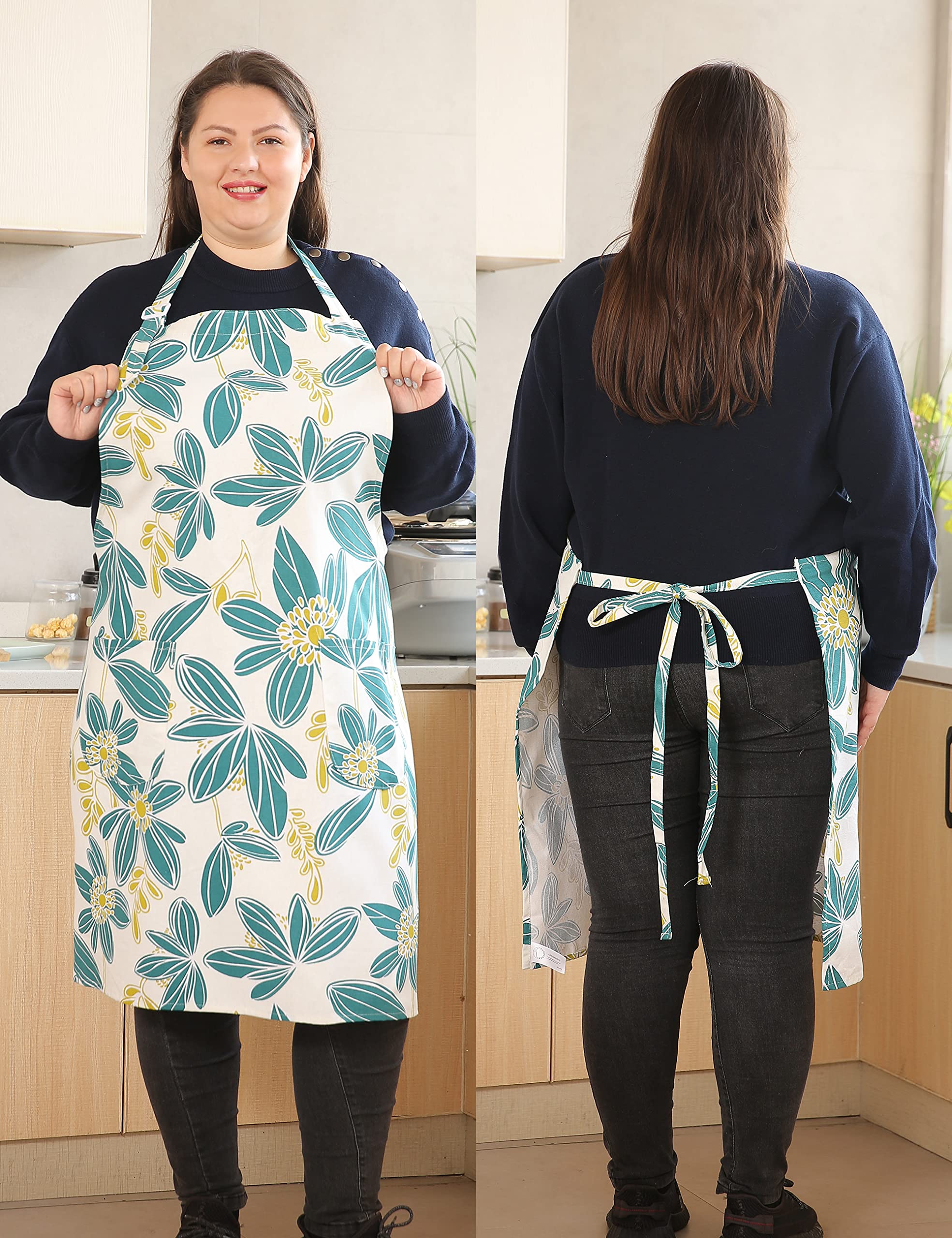 Cotton Linen Baking Plus Size Aprons For Women With Pockets Kitchen Cooking 2X-3X Pistil Petal