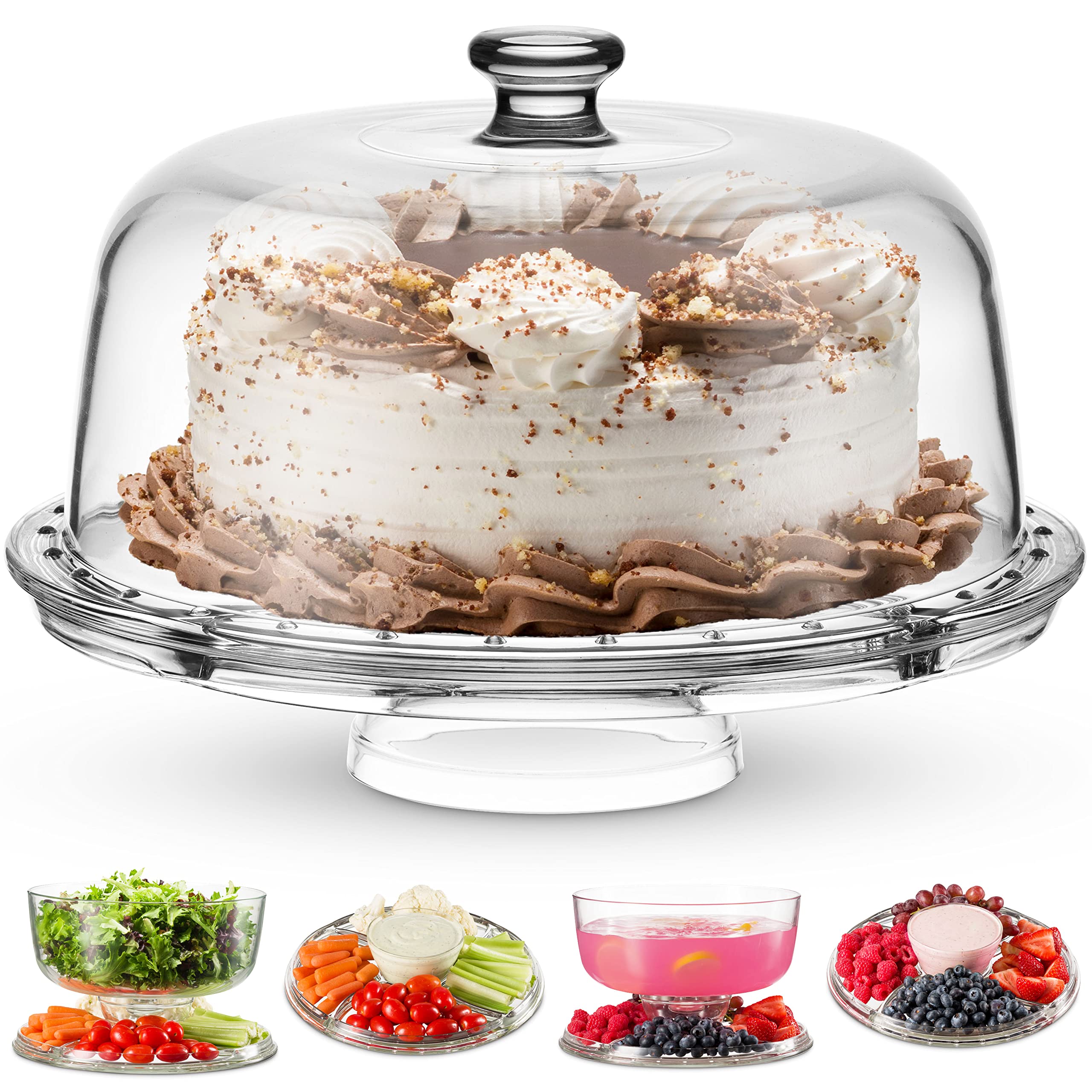 Godinger Cake Stand And Serving Plate Platter With Dome Lid, 6 In 1 Multi-Purpose Use, Crystal Glass Footed Cake Stand, Salad Bo