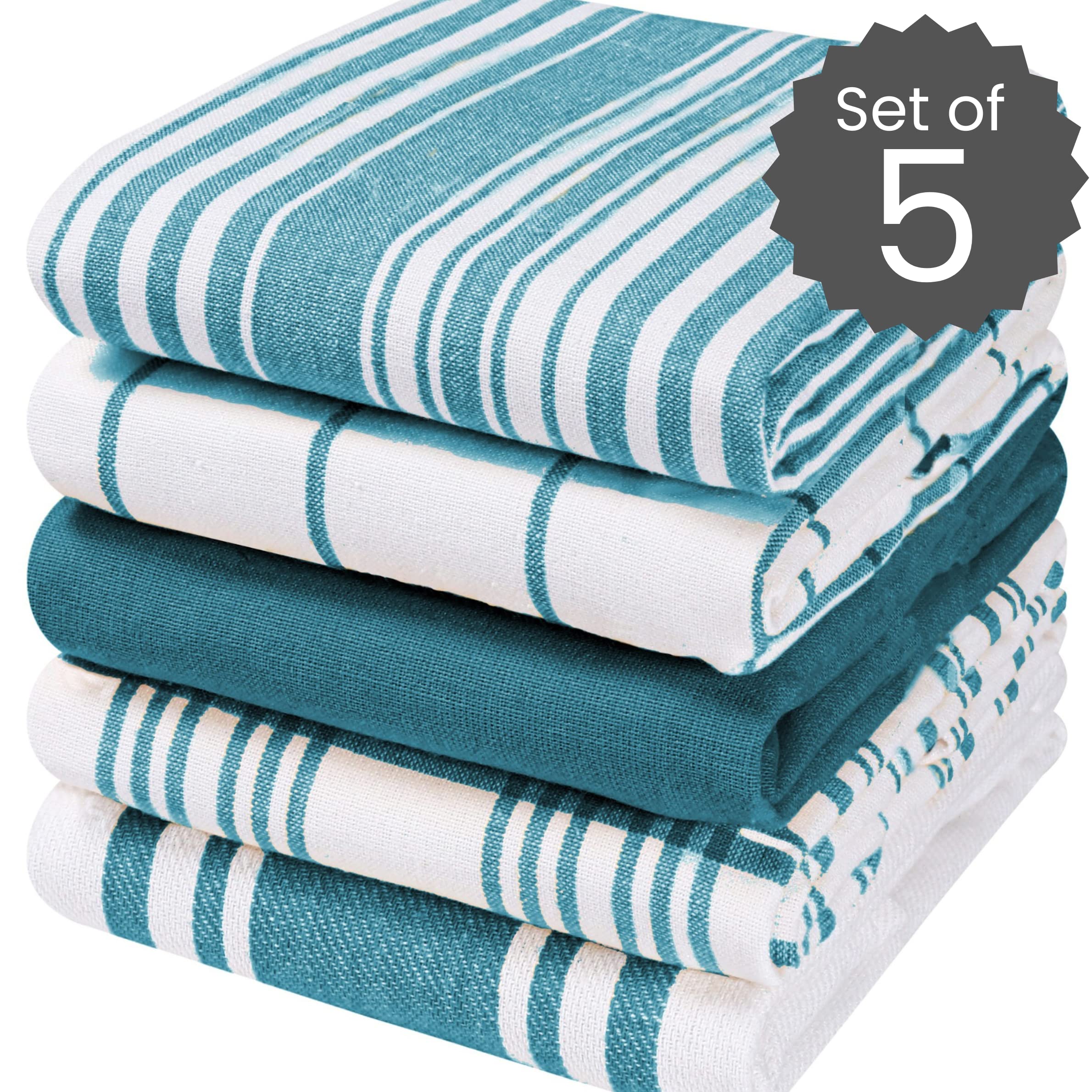 Cotton Clinic Assorted Kitchen Towels 5 Pack - Soft Absorbent Quick Drying Table & Kitchen Linen - Dish Towels, Dish Cloths, Tea