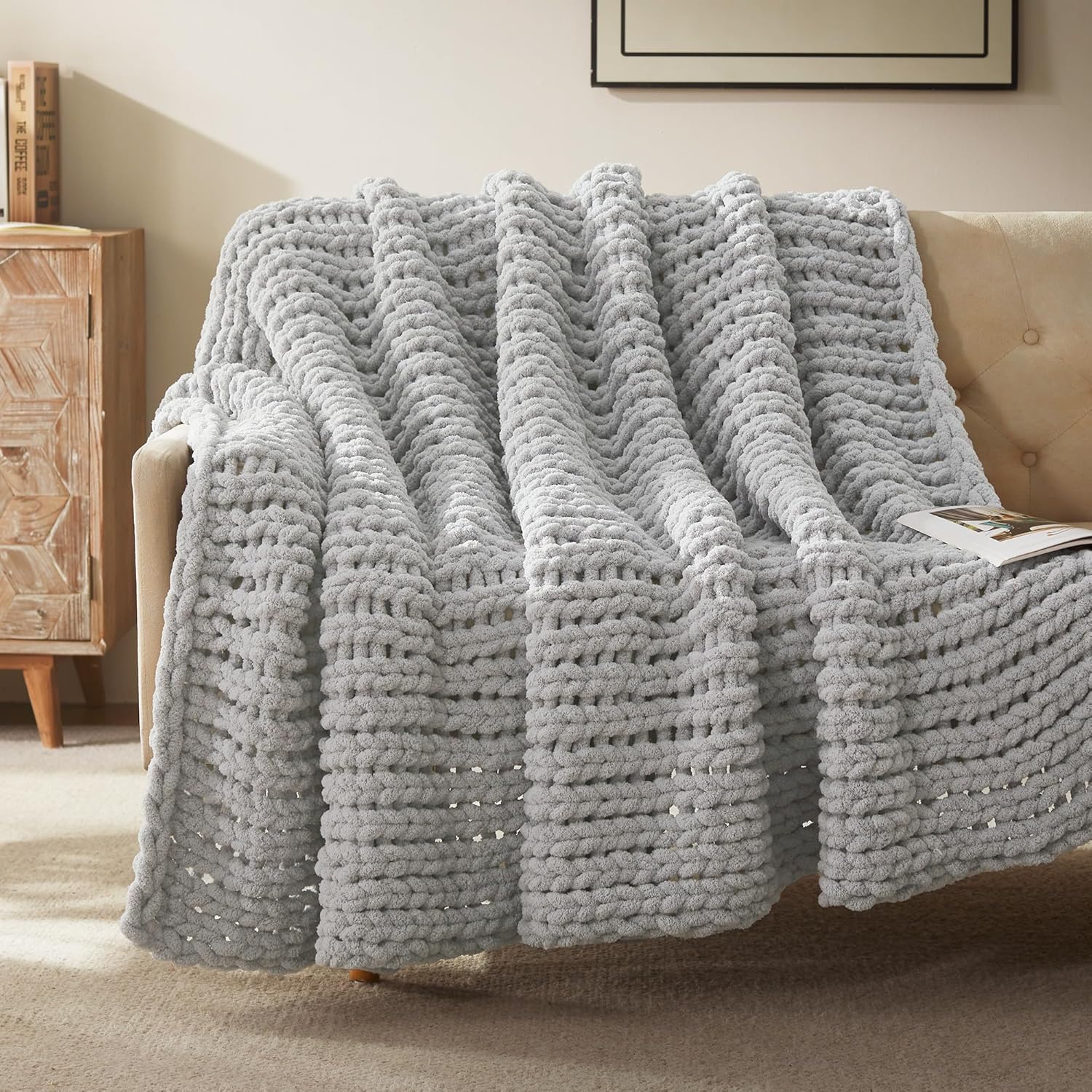 Handmade Washable Velvet Knit Throw Blanket for Couch & Bed - Gray