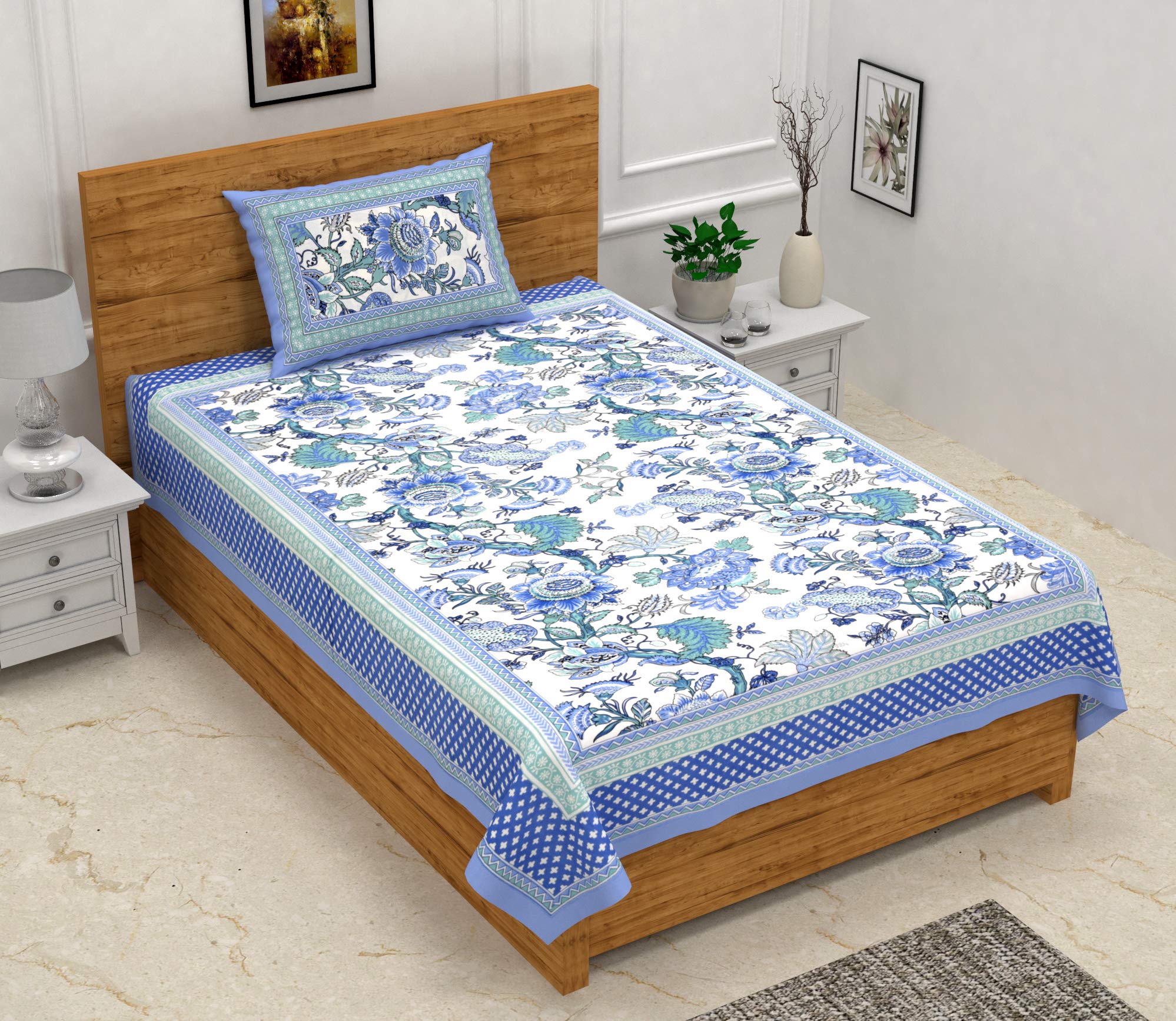 Easygoods Cotton Bedsheet For Single Bedsheet With 1 Pillow Cover 60X90 Inch, Handcrafted Bed Sheets (Blue)