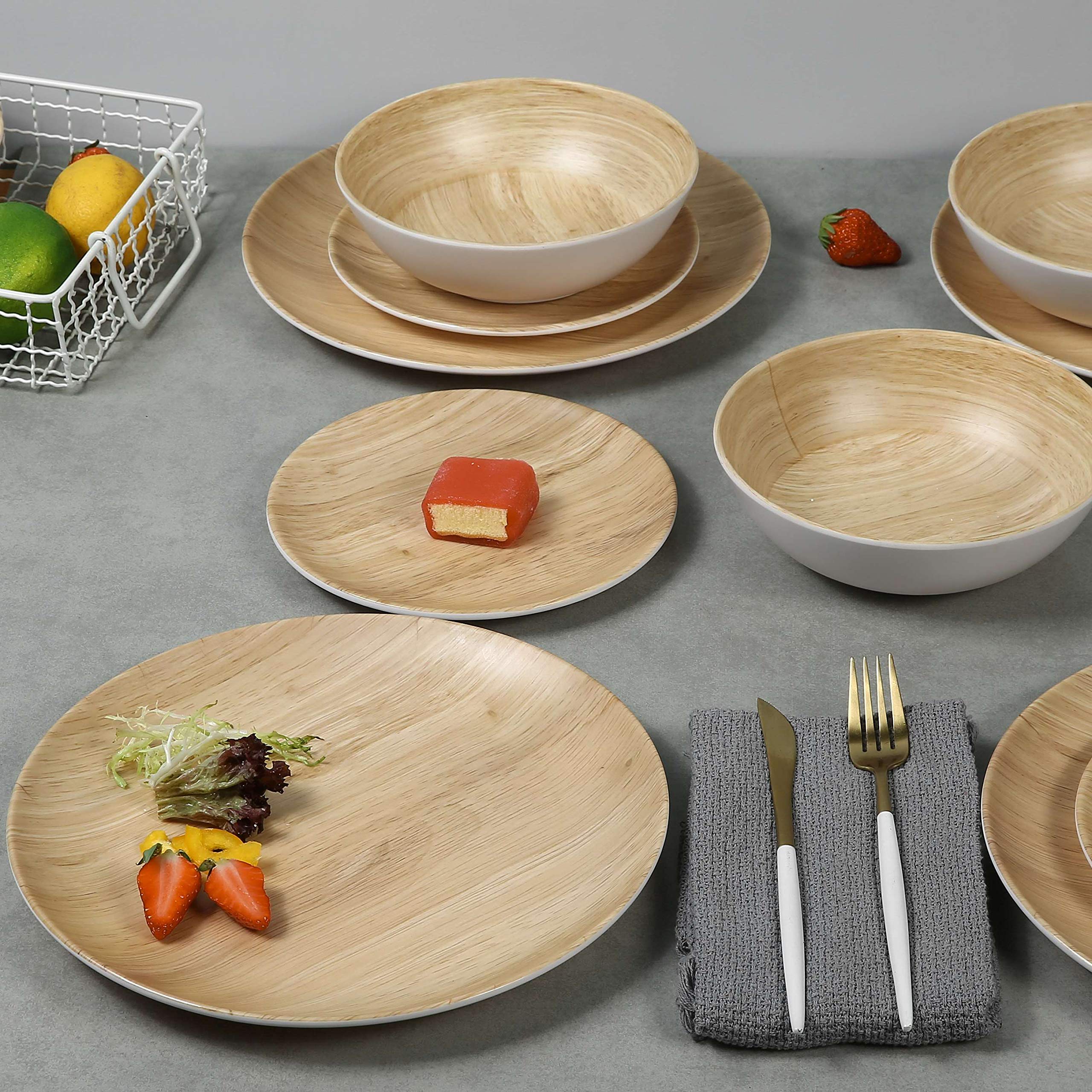 Melamine Dinnerware Set - 12pcs dinnerware set Indoor and Outdoor use, Bamboo Pattern Dishes Dinnerware Set for 4,Dishwasher Saf