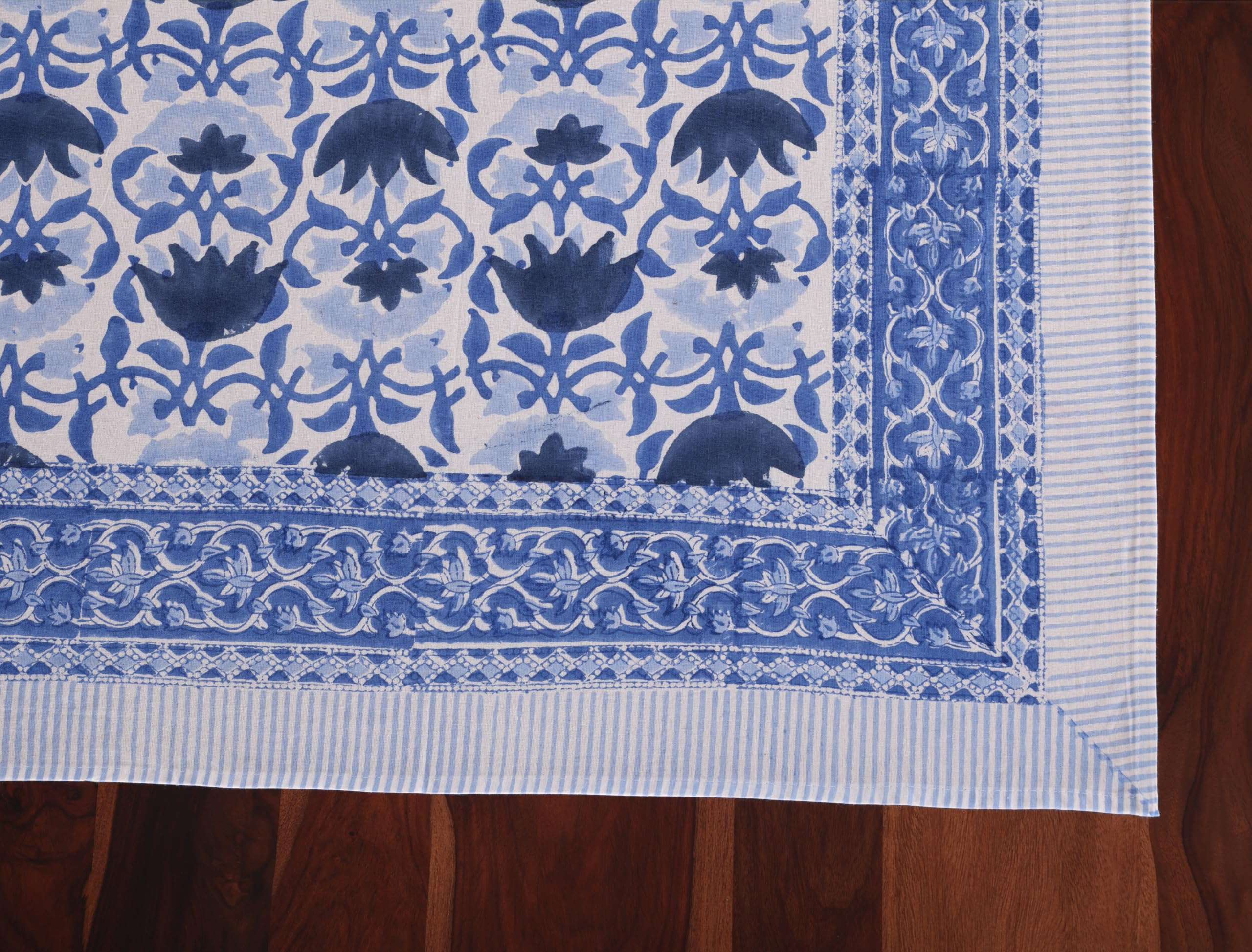 ATOSII Positano Blue 100% Cotton Rectangle Fall Tablecloth, Handblock Floral Linen Table Cloth for Kitchen Dining Table I Partie